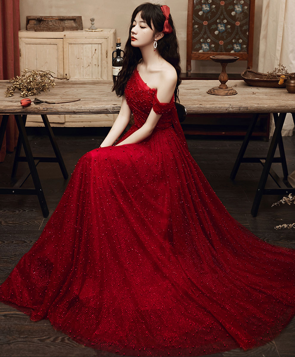 Elegant Burgundy One Shoulder Long Prom Dress for Women - Formal Evening Gown for Graduation, Homecoming & Special Occasions
