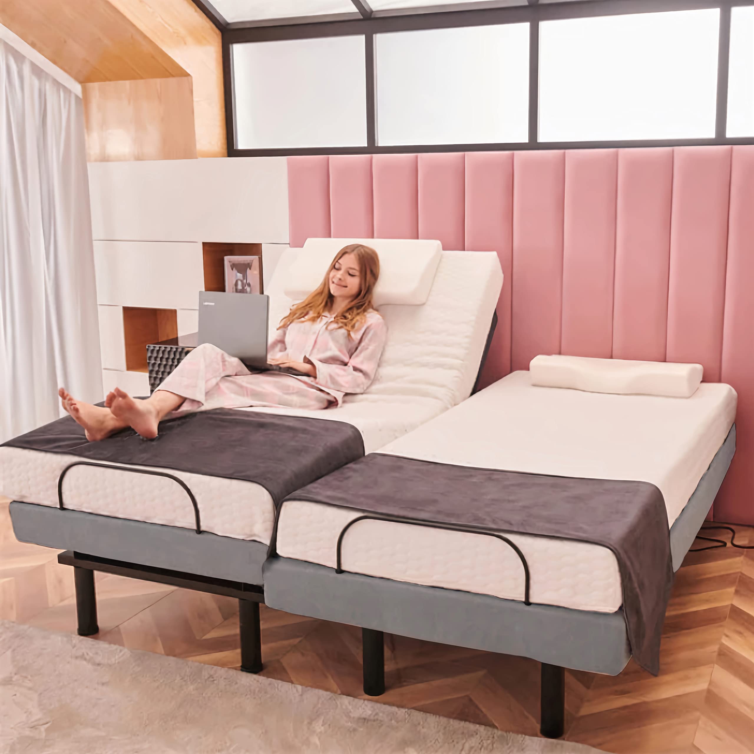 Split King Adjustable Bed Base with Full Body Massage, USB Ports & Zero Gravity - Anti-Snore Feature, Memory Positions, Under Bed Lighting & Wireless Remote Control - Perfect for Couples, Home Theater & Relaxation