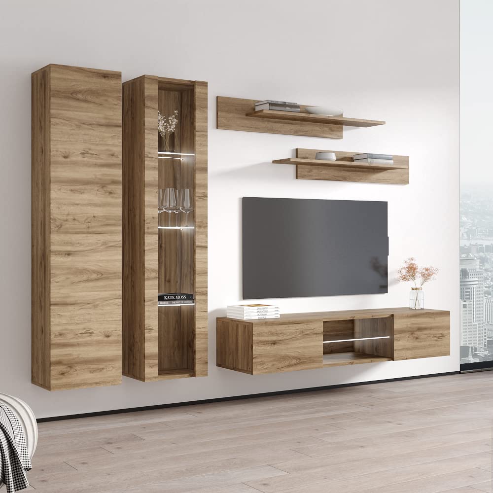 Modern Floating TV Stand with Storage & LED Lights - Wall-Mounted Entertainment Center for Bedroom & Living Room - A4 33TV Console with Shelves - Oak Wood Furniture for Small Spaces & Home Theater Setup