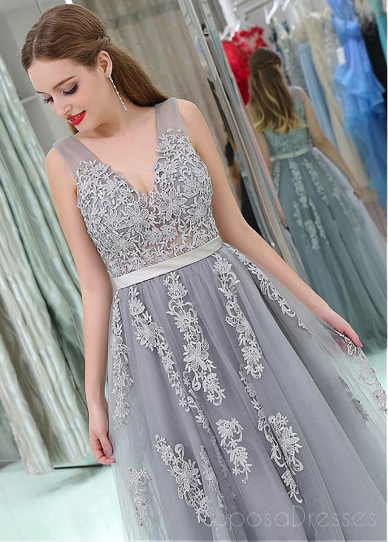 2018 Gray Lace V-Neck Tulle Long Evening Prom Dress - Elegant Formal Gown for Homecoming, Ball & Special Occasions | Style 17265