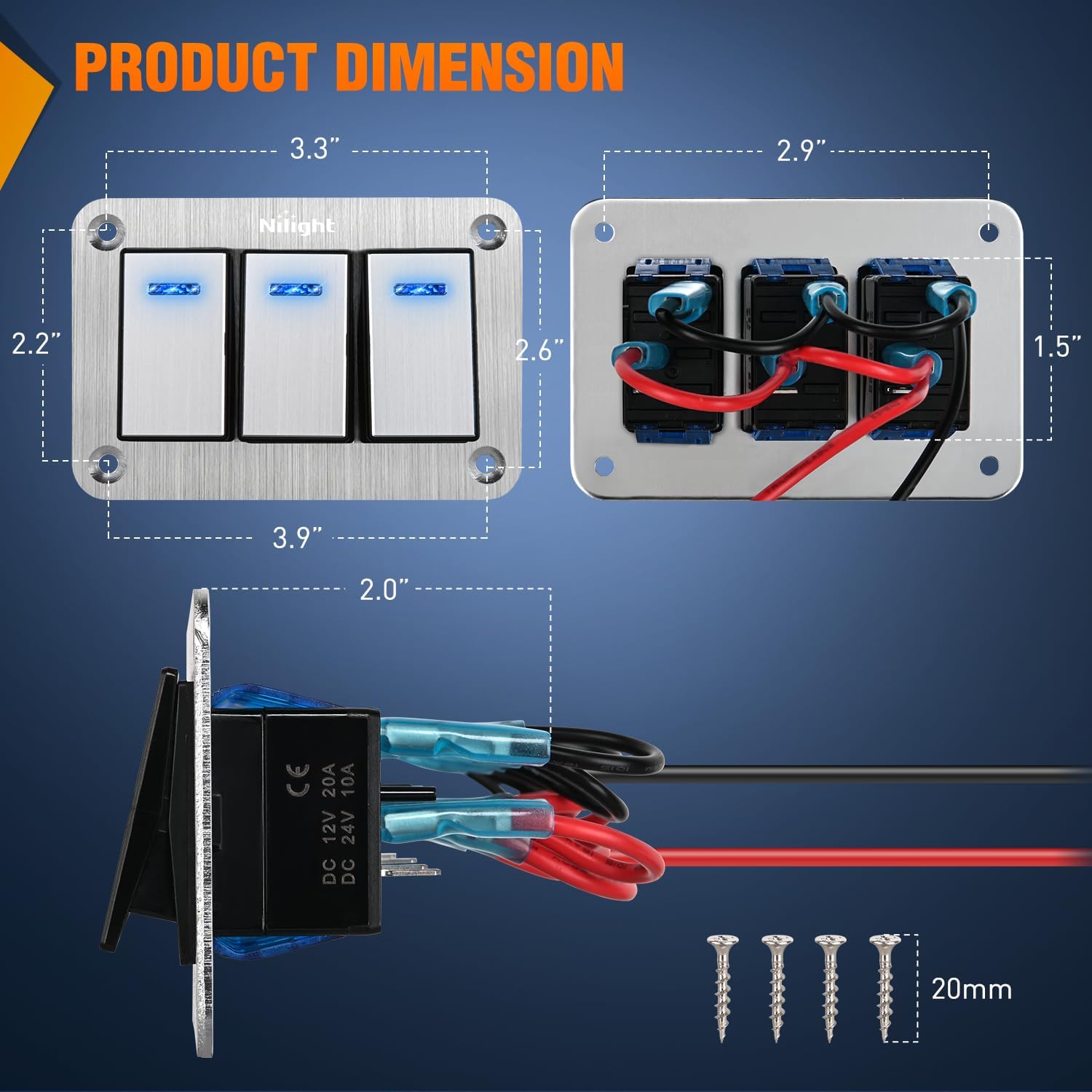 3 Gang Aluminum 3 Pin ON/Off Blue LED Rocker Switch Panel - Perfect for Marine, RV, and Automotive Electrical Control Systems
