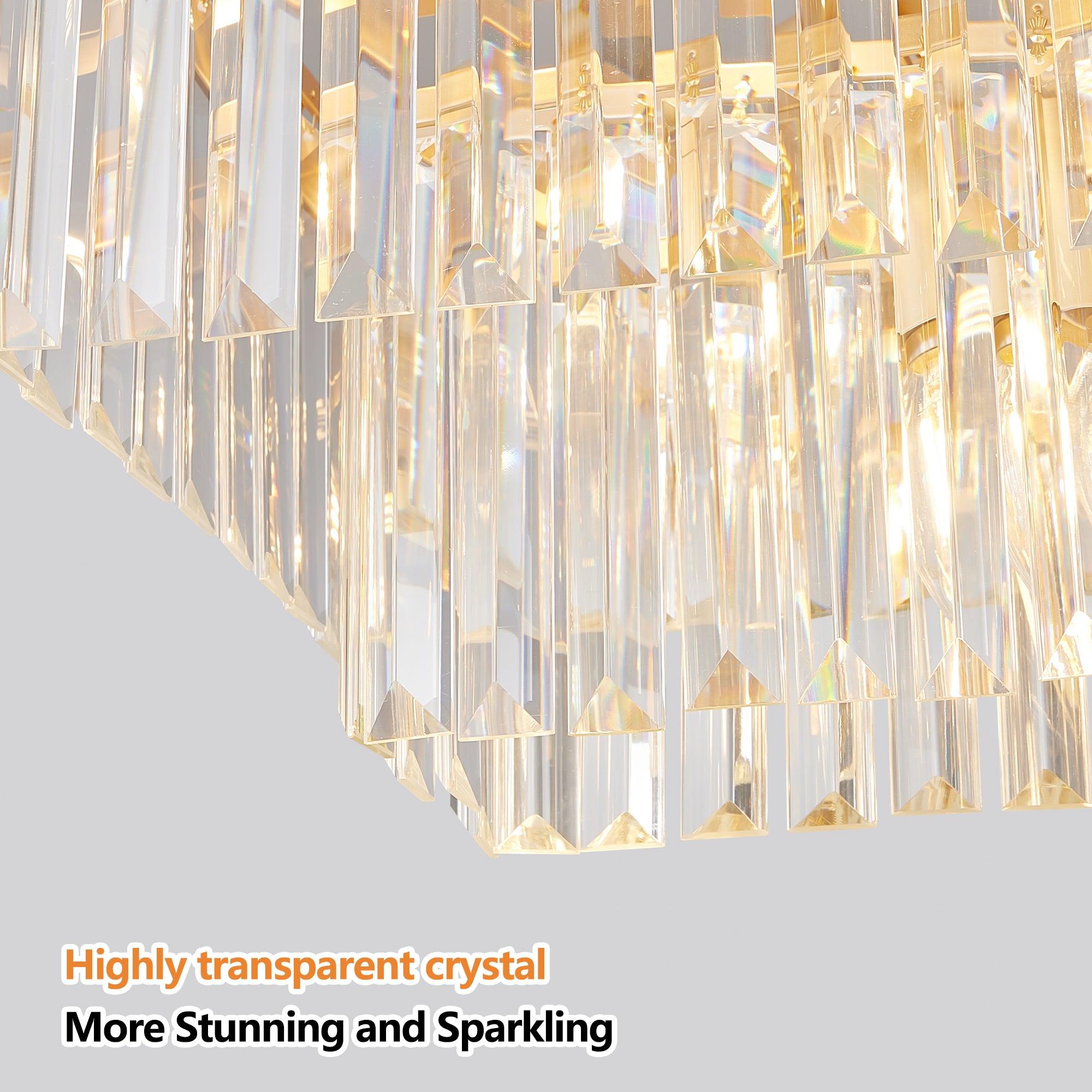 Modern Rectangular Crystal Chandelier - Adjustable E12 Industrial Farmhouse Ceiling Light with Iron Frame in Gold (Bulbs Not Included) - Perfect for Kitchen, Living Room, Bedroom & Dining Room Lighting