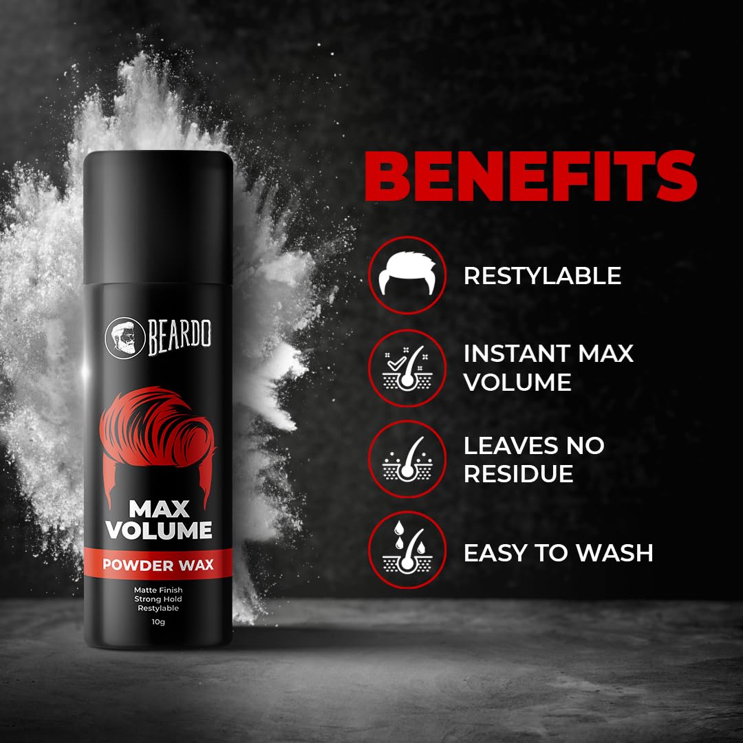 Beardo Max Volume Powder Wax for Men – 10gm Matte Finish Hair Styling Wax with Strong Hold | Restylable Volumizing Powder for Instant Lift & Lightweight Texture | Perfect for Daily Styling, Special Occasions & Thin Hair
