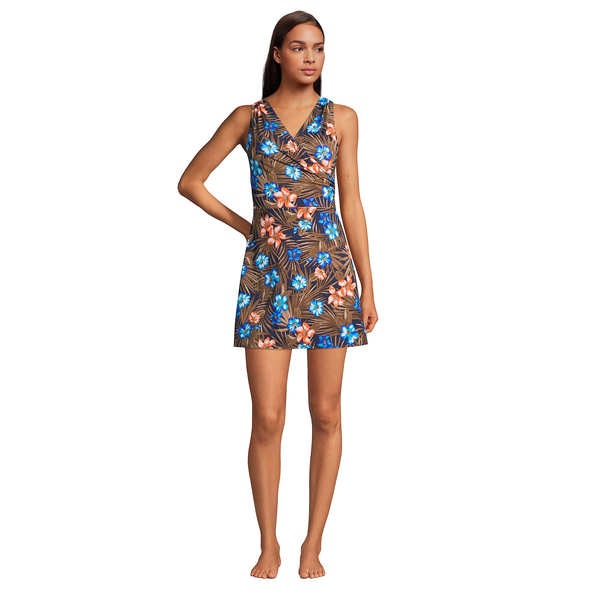 Lands' End Women's Tummy Control Surplice Wrap Swim Dress One Piece Swimsuit - Slimming Bathing Suit for Beach, Pool & Vacation | Plus Size Swimwear with Modest Coverage