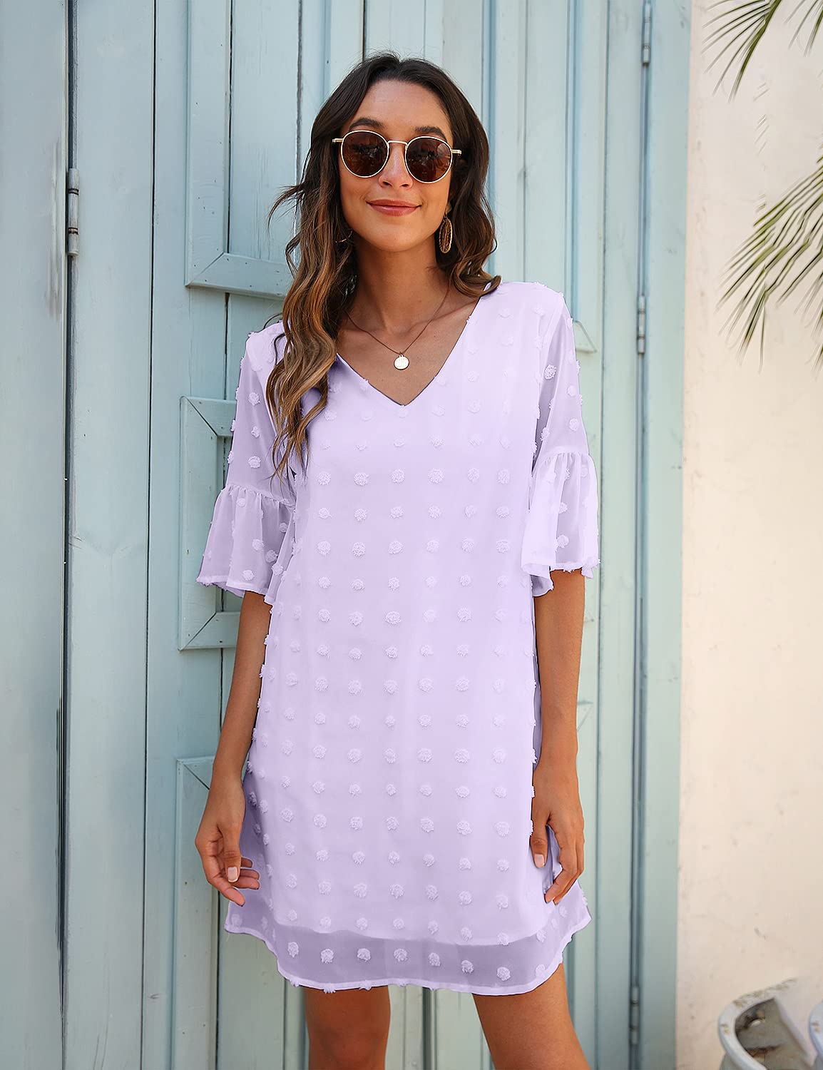 Blooming Jelly Women's White Short Sleeve V-Neck Ruffle Chiffon Flowy Shift Mini Sun Dress - Perfect for Summer Outings, Beach Vacations & Casual Date Nights
