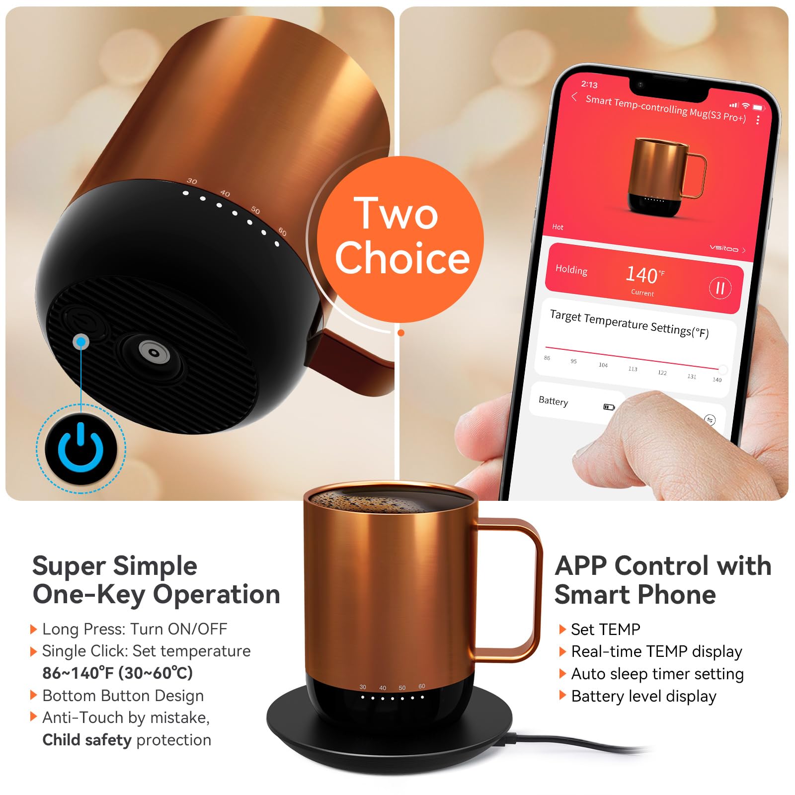 VSITOO S3PRO Smart Temperature Control Heated Coffee Mug - 14oz Copper, Rechargeable & Battery Powered, APP/Manual Control, LED Display - Perfect for Office, Travel, and Home Use