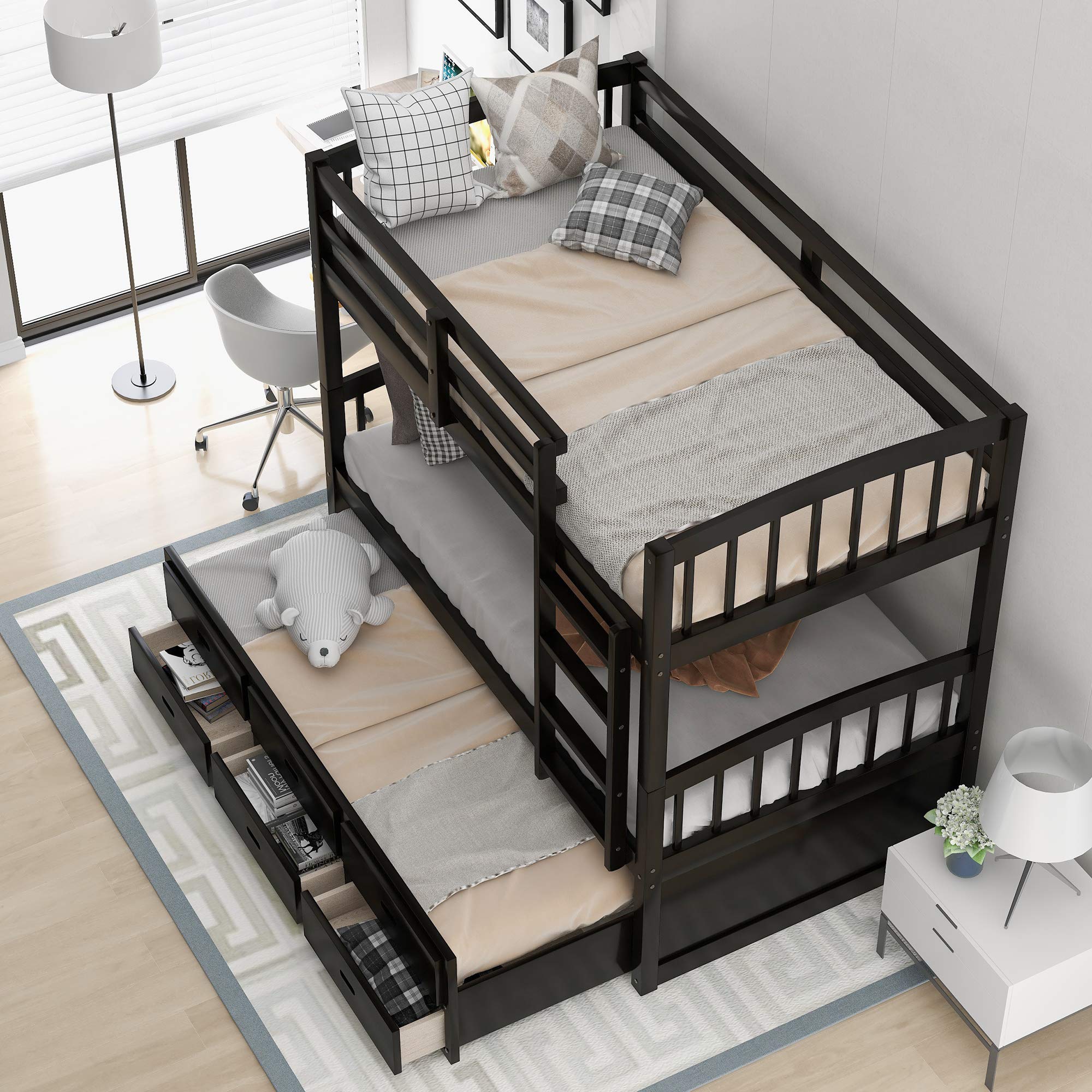 **Solid Wood Twin Over Twin Bunk Bed Frame with Trundle & 3 Drawers - Hardwood Bunk Bed with Slats & Ladder - Espresso Finish - Perfect for Kids' Bedroom, Guest Room & Space-Saving Solutions**