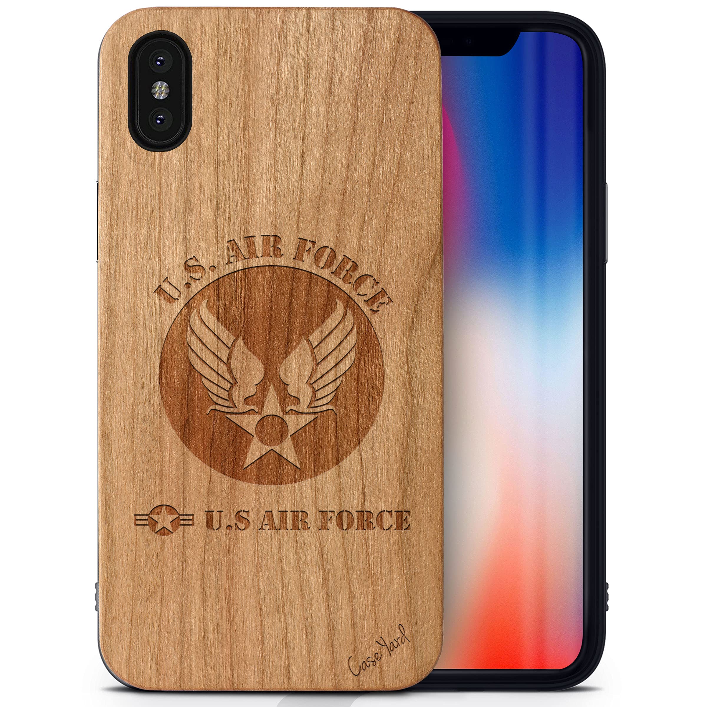 CaseYard Wooden iPhone X Case - Laser Engraved Air Force 2 Design in Cherry Wood | Slim Fit Shockproof Protective Cover for Men & Women | Perfect for Outdoor Activities & Daily Use