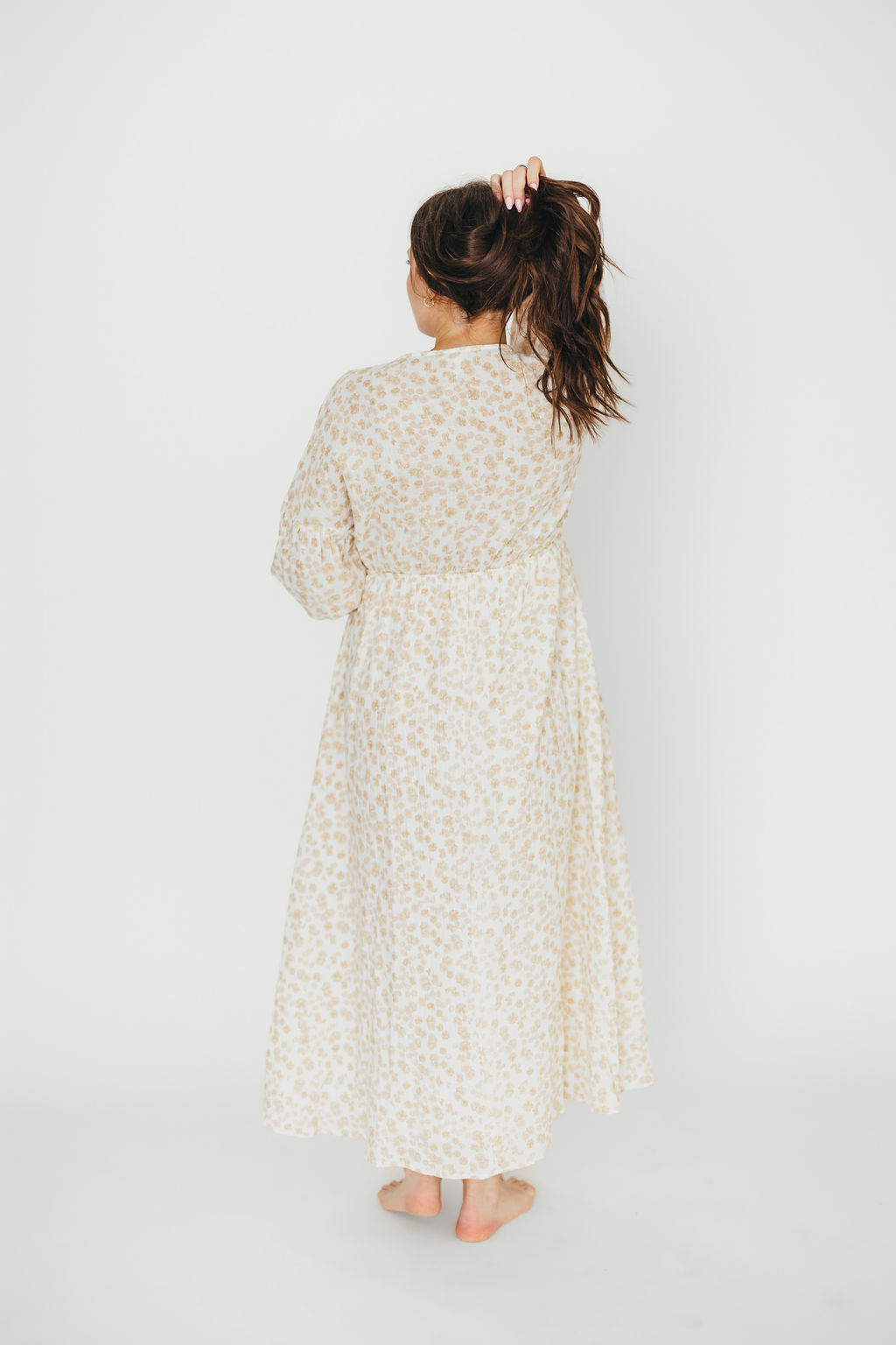 Hunter 100% Cotton Gauze Midi Dress - Natural/Fawn Floral Print | Bump Friendly Maternity Dress | Perfect for Summer, Beach & Pregnancy Photoshoots