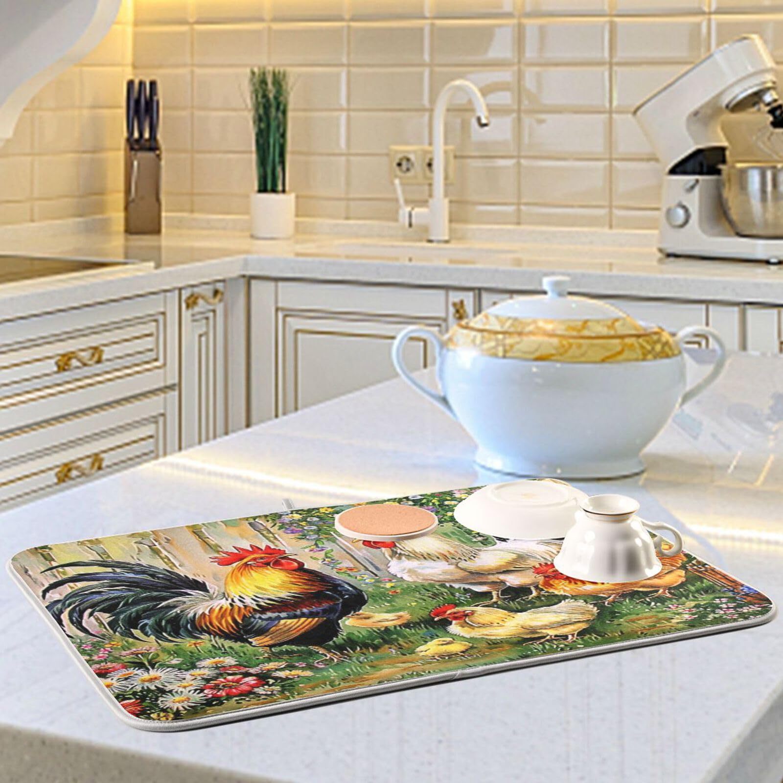 Rooster Floral Dish Drying Mat 18x24 Inch - Farmhouse Chicken Design Absorbent Microfiber Kitchen Counter Protector - Perfect for Drying Dishes, Protecting Countertops & Farmhouse Decor