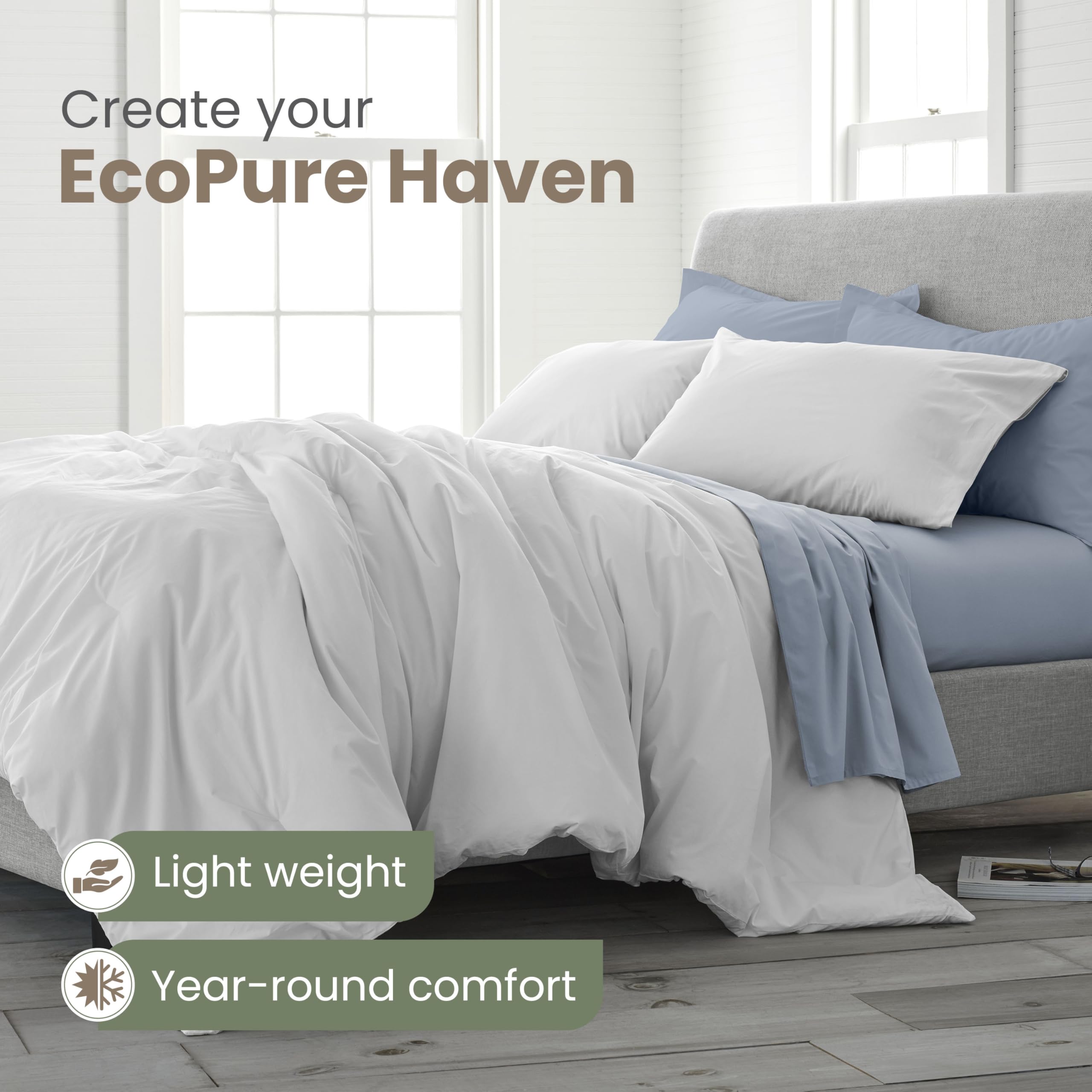 EcoPure Martex Comfort Wash 3-Piece Full/Queen Comforter Set - 100% Organic Cotton All-Season Bedding - Breathable Lightweight Duvet Cover - Easy Care White Comforter for Bedroom, Guest Room & Dorm