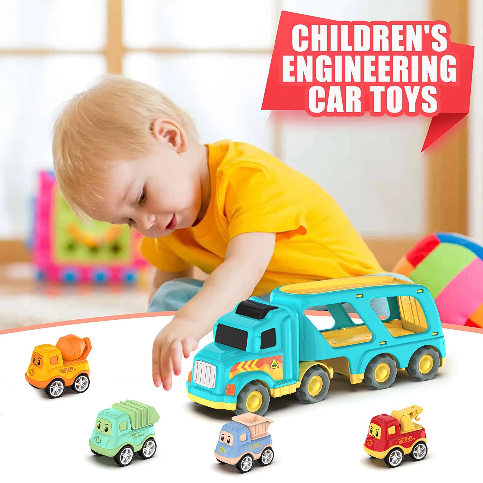 5-in-1 Construction Truck Toys for Toddlers & Kids Ages 3-7 | Carrier Transport City Vehicles Set | Educational STEM Toys for Boys & Girls | Perfect Birthday Gift for 3+ Year Olds | Great for Pretend Play, Sandbox Fun & Learning Construction Vehicles