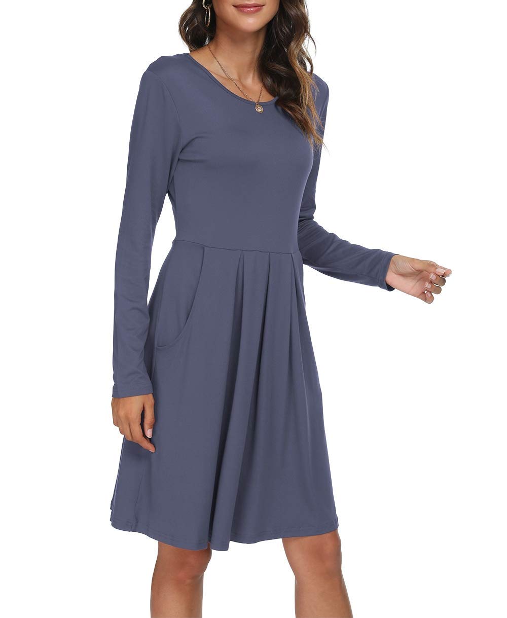 DouBCQ Women's Casual Long Sleeve Flowy Pleated Fall Dress with Pockets - Elegant Office Wear & Autumn Date Outfit