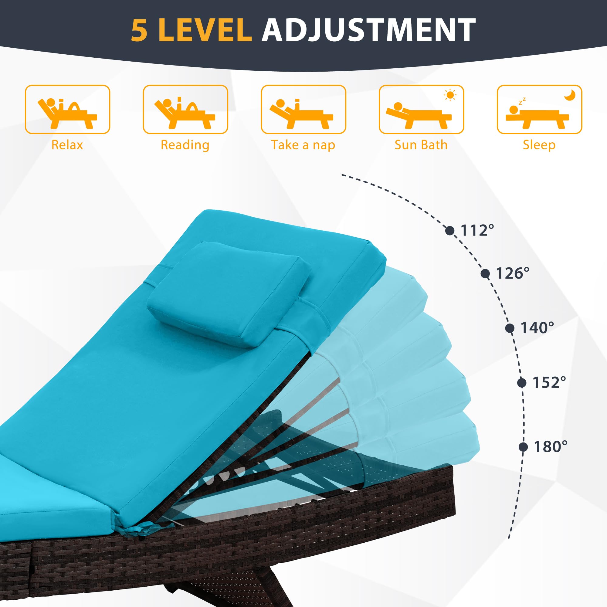 Sundale Outdoor Wicker Chaise Lounge Set of 2 - Adjustable Rattan Patio Lounge Chairs with Cushions & Pillows - Steel Frame, Turquoise - Perfect for Deck, Garden, Poolside & Indoor Use