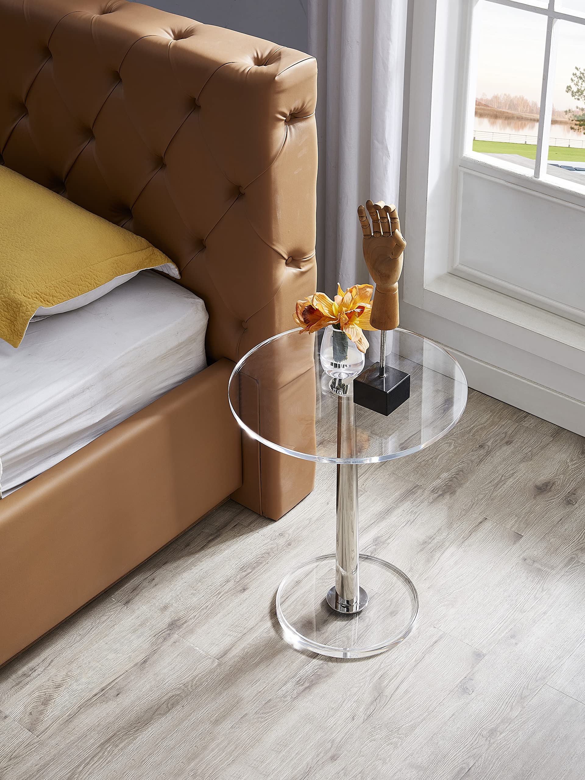 Modern Clear Acrylic Dining Table with Silver Cone-Shaped Metal Base - Large Round Glass-Like Table for Dining Room, Kitchen, or Office Workspace