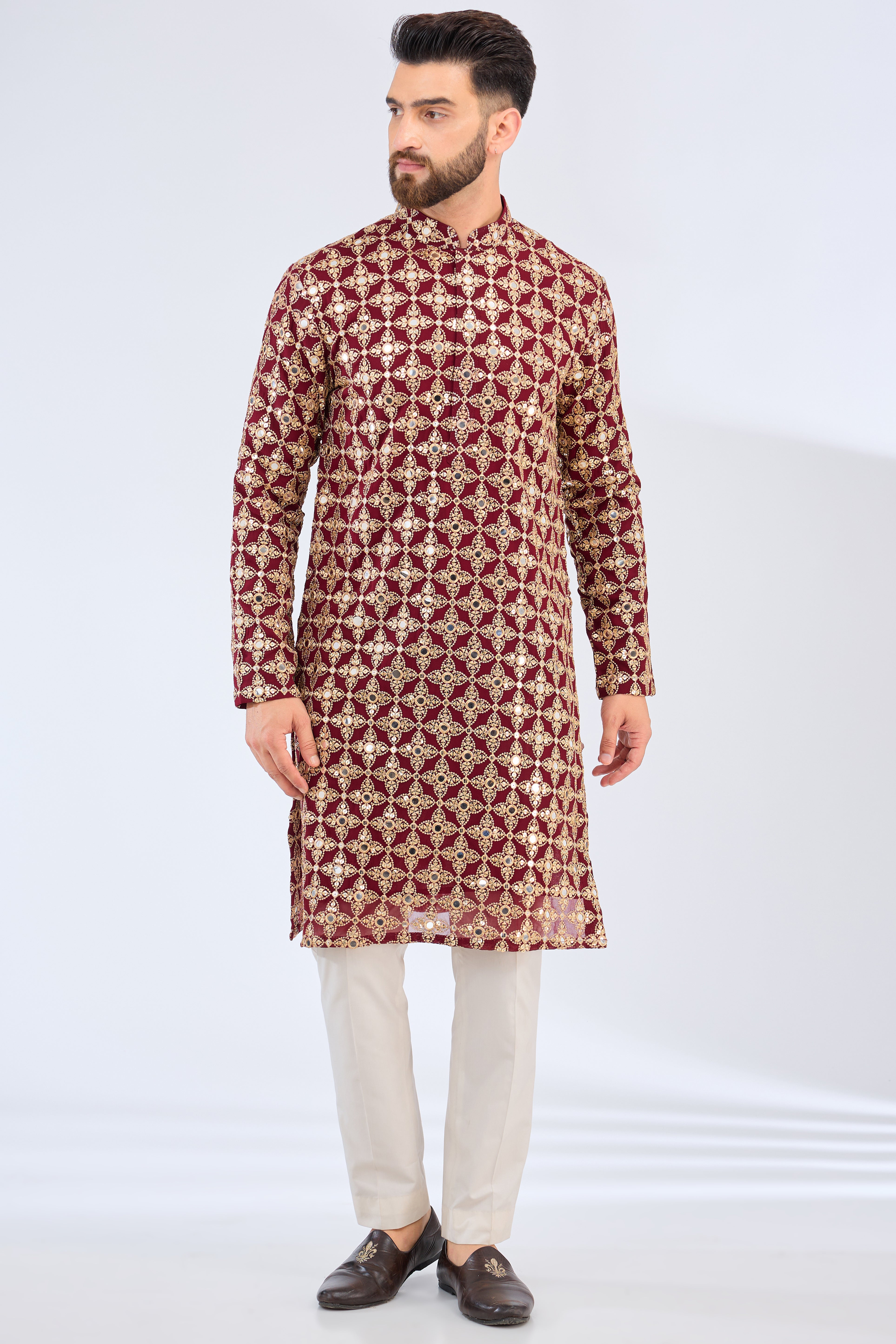 Elegant Maroon Mirror Work Kurta with Zari Embroidery - Traditional Indian Ethnic Wear for Festivals & Weddings