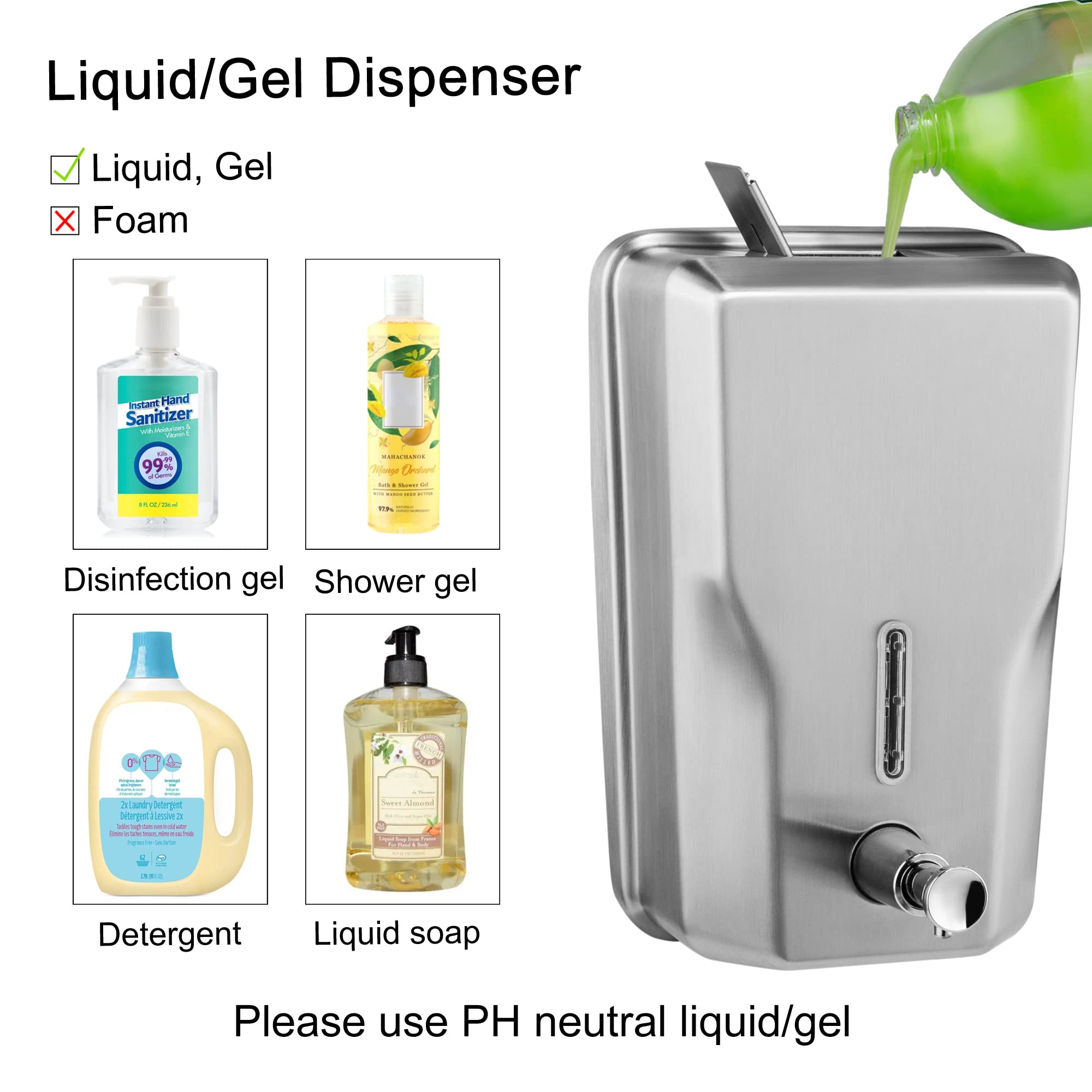 Stainless Steel Wall Mount Soap Dispenser - 48oz (1400ml) Commercial Refillable Liquid Hand Soap Dispenser for Bathroom, Kitchen & Public Restrooms - Durable Metal Soap Dispenser for Home and Office Use
