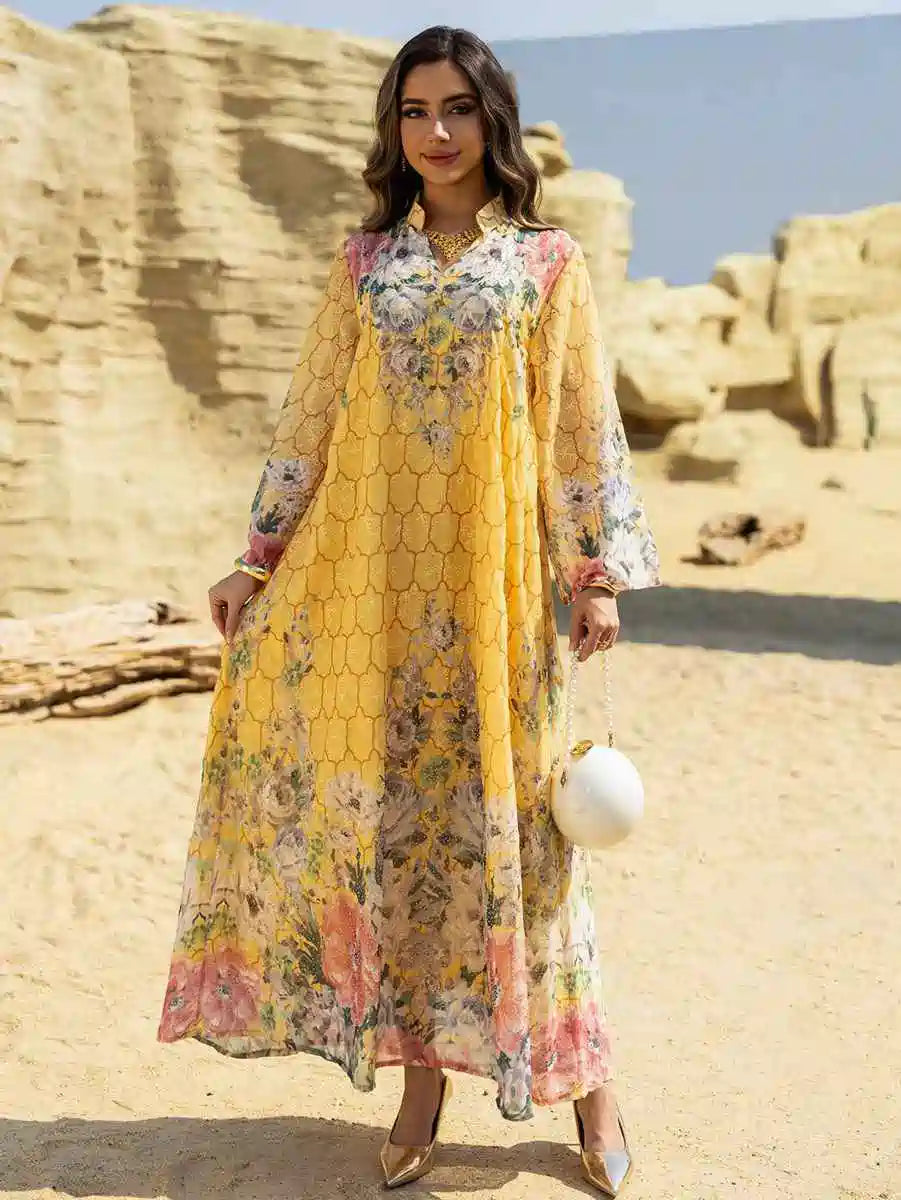 Elegant Eid Dress for Women - Embroidered Caftan Kaftan with Floral Print #25463 - Perfect for Eid Celebrations, Weddings & Special Occasions