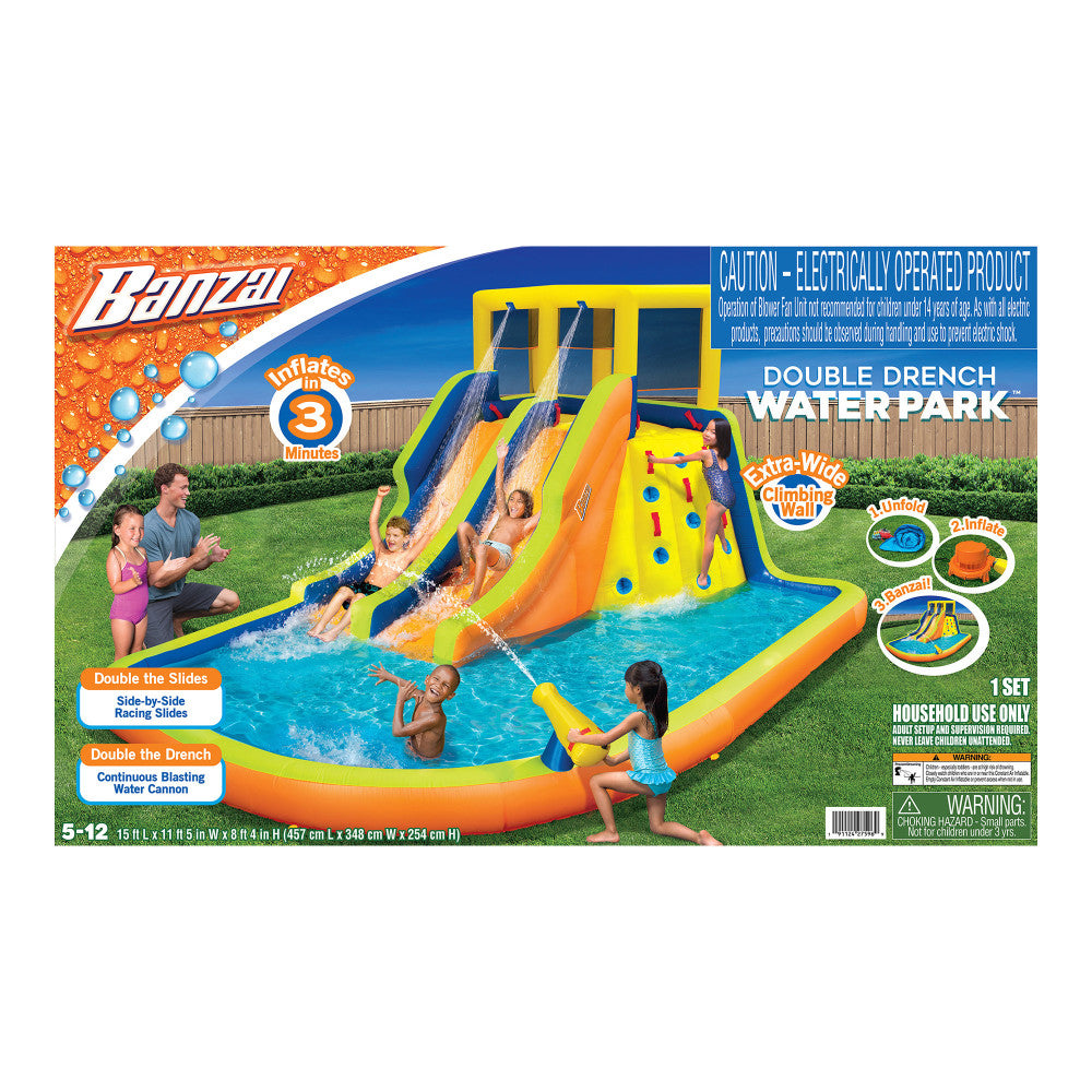 Banzai Double Drench Water Park - Inflatable Dual Slide Backyard Splash Pool Toy for Kids Outdoor Summer Water Play