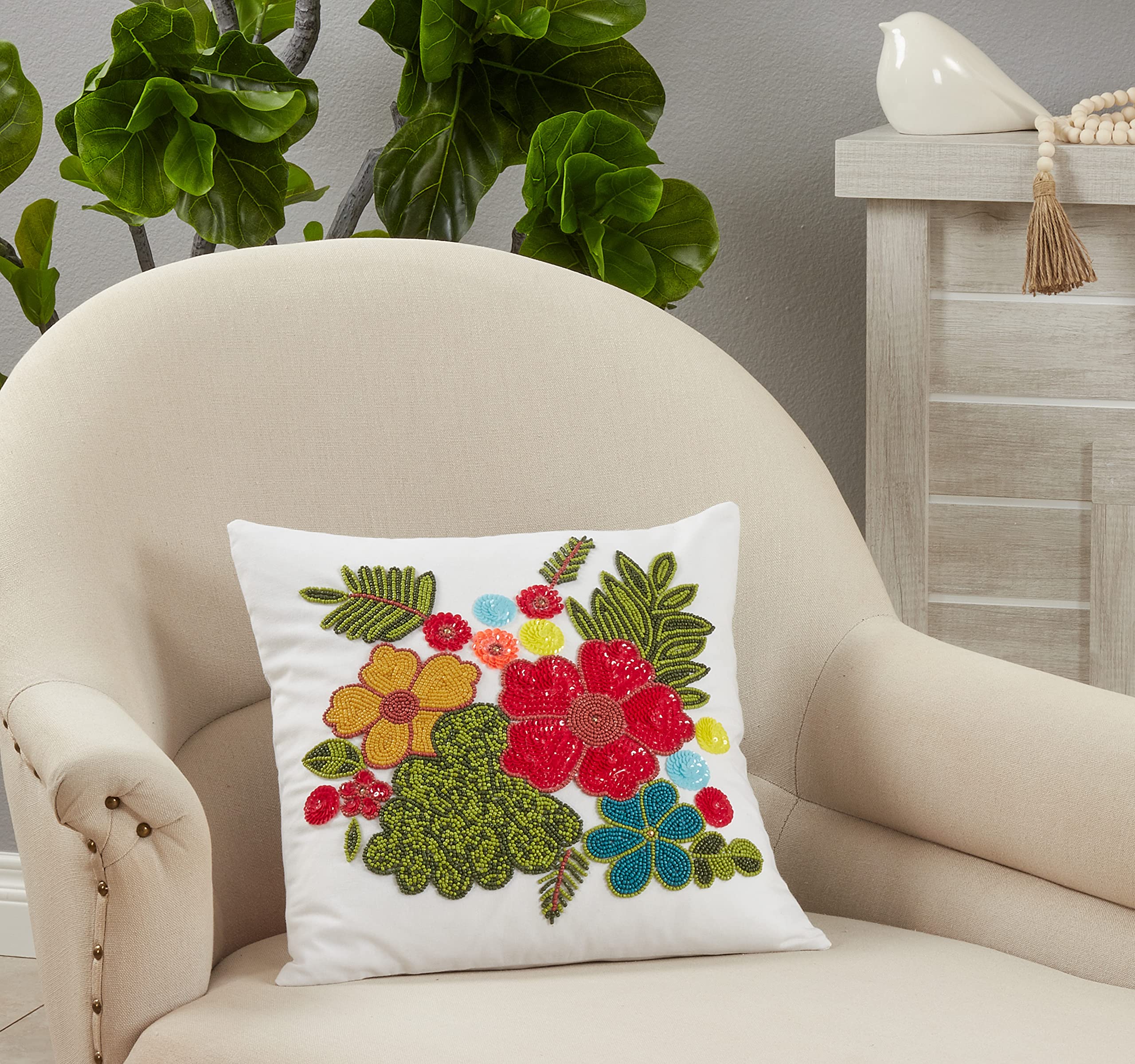 Handmade Beaded Floral Throw Pillow Cover - Bohemian Home Decor for Living Room, Bedroom, or Couch
