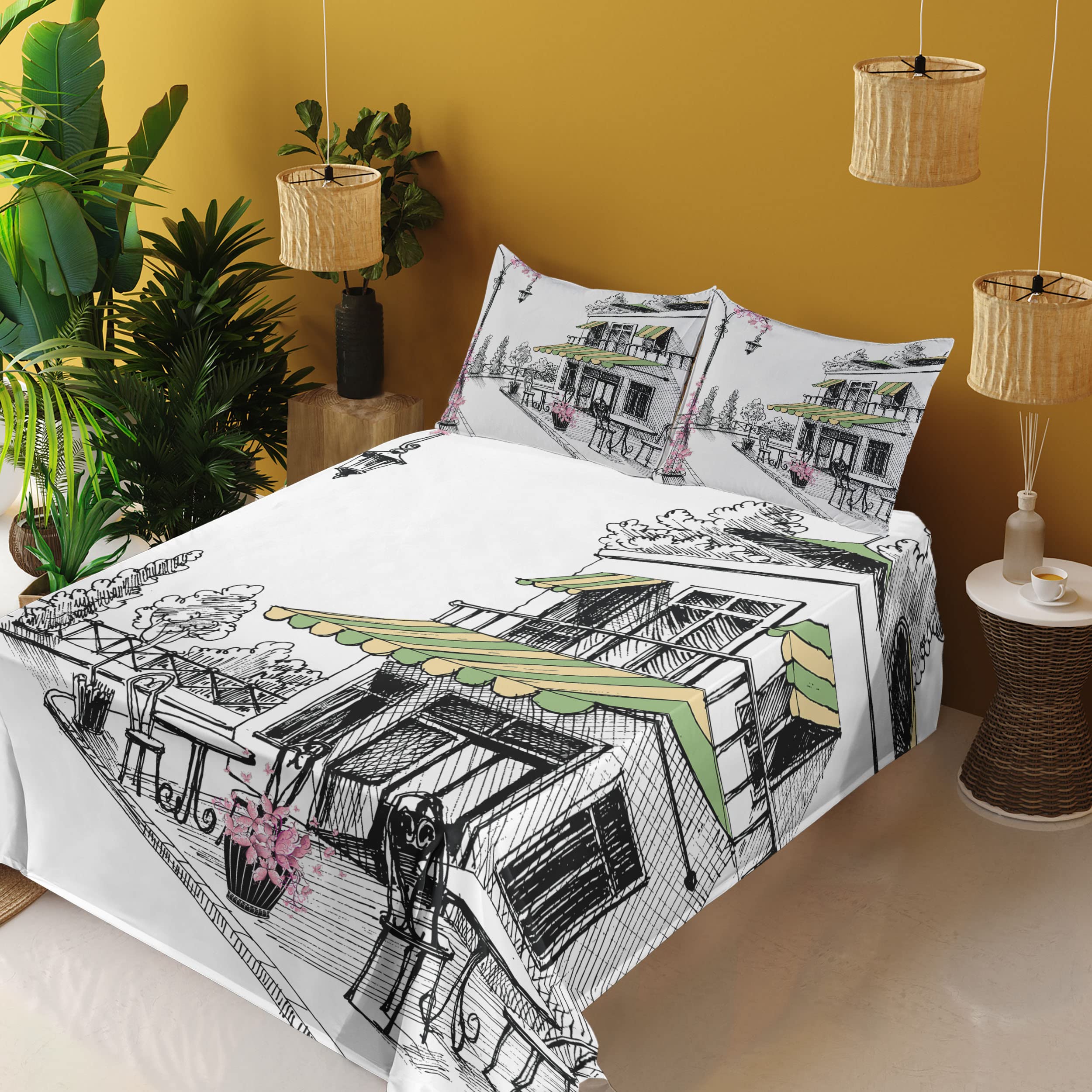 Ambesonne Parisian Patio Sketch 4-Piece King Sheet Set - Charcoal Grey & White Digital Illustration Bedding with Fitted Sheet, Flat Sheet & Pillowcases | Perfect for Guest Rooms, Master Bedrooms & Bohemian Home Decor
