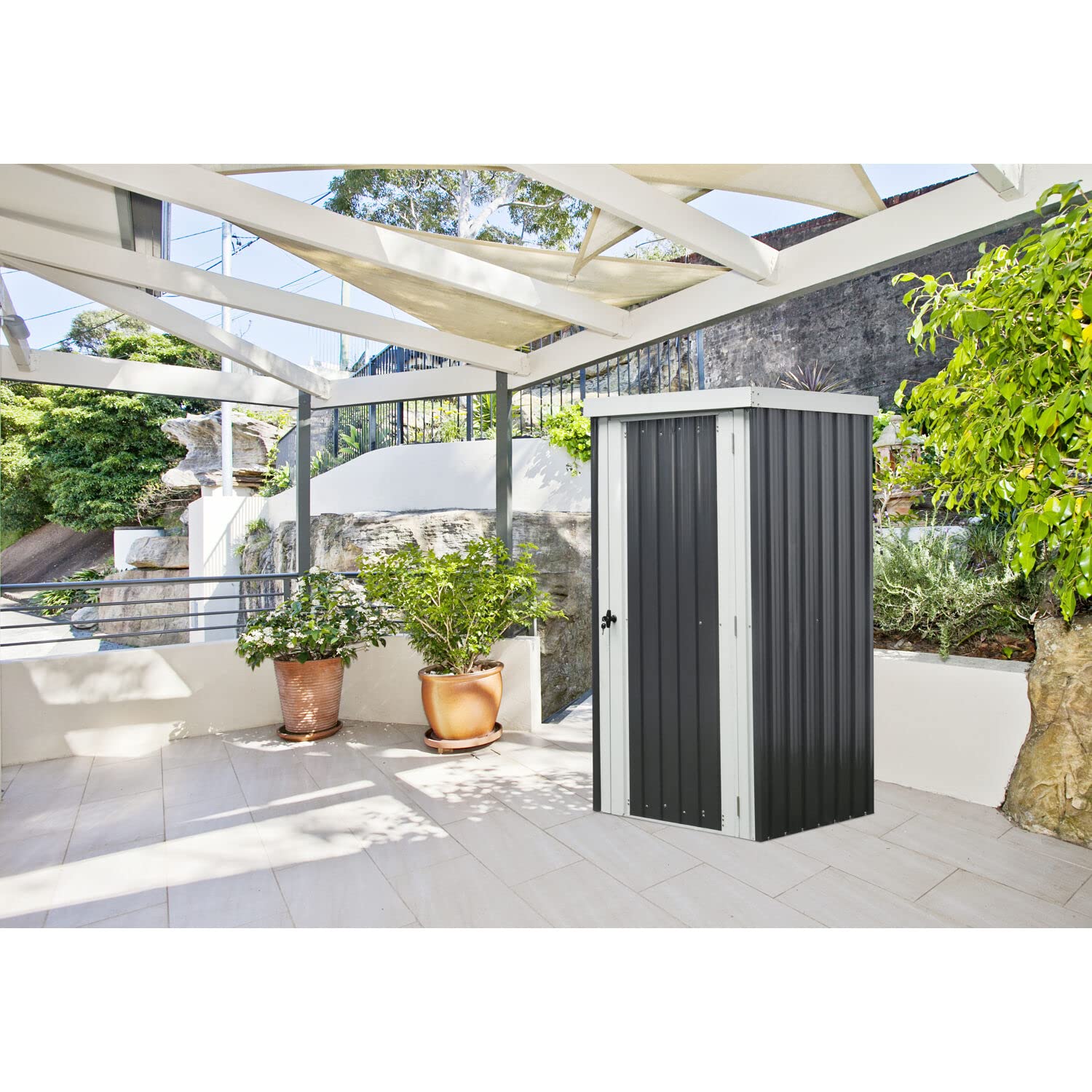 Galvanized Steel Outdoor Storage Shed - 3x3x6 ft Patio Garden Shed with Lockable Door & Tool Hooks | Dark Gray & White Rust-Resistant Yard Storage for Tools, Supplies | Perfect for Backyard, Garage & Garden Organization