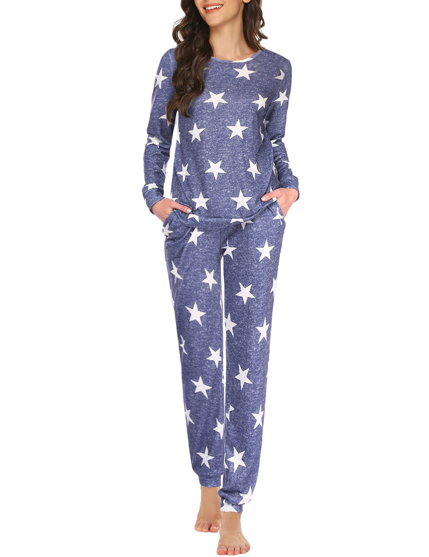 Ekouaer Women's Long Sleeve Pajama Set - Soft Star Print Sleepwear with Pockets, Cozy Nightwear & Lounge Outfit for Relaxing at Home or Sleepovers
