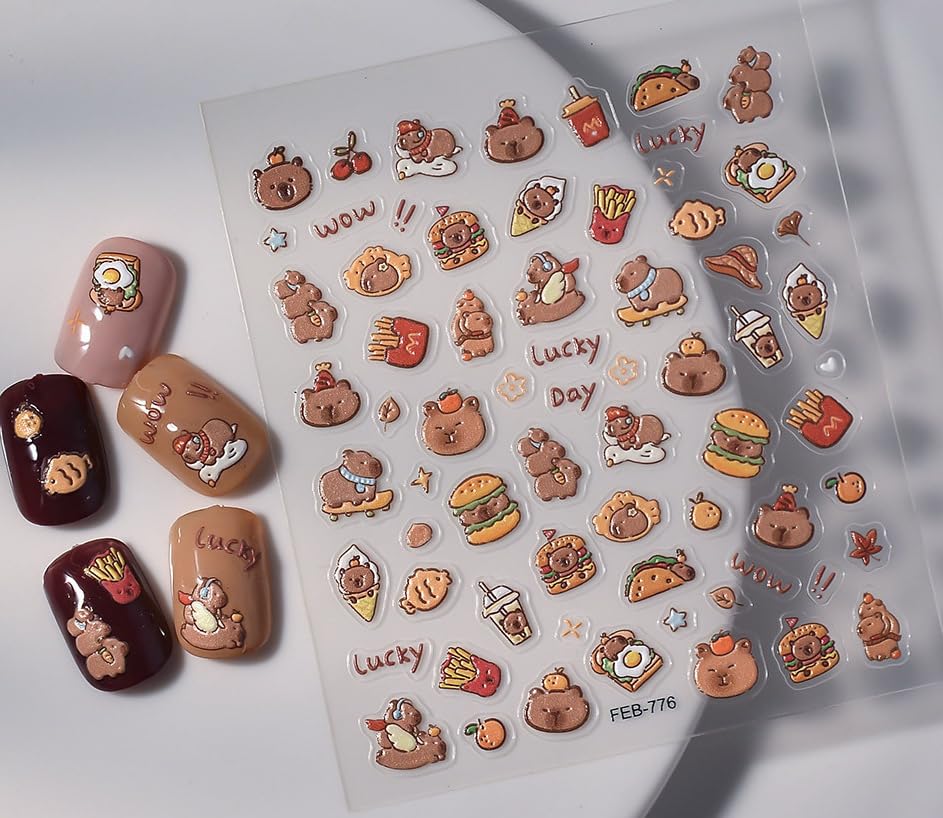 3D Capybara Nail Stickers - Cute Cartoon Animal Nail Art Decals for Kids, Embossed French Fries Design (FEB-776) | Perfect for Birthday Parties, DIY Manicures & Nail Art Enthusiasts