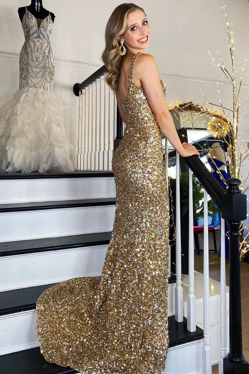 Gold Sequin Square Neck Mermaid Prom Dress - Long Formal Backless Gown with High Slit for Homecoming, Evening Party & Special Occasions