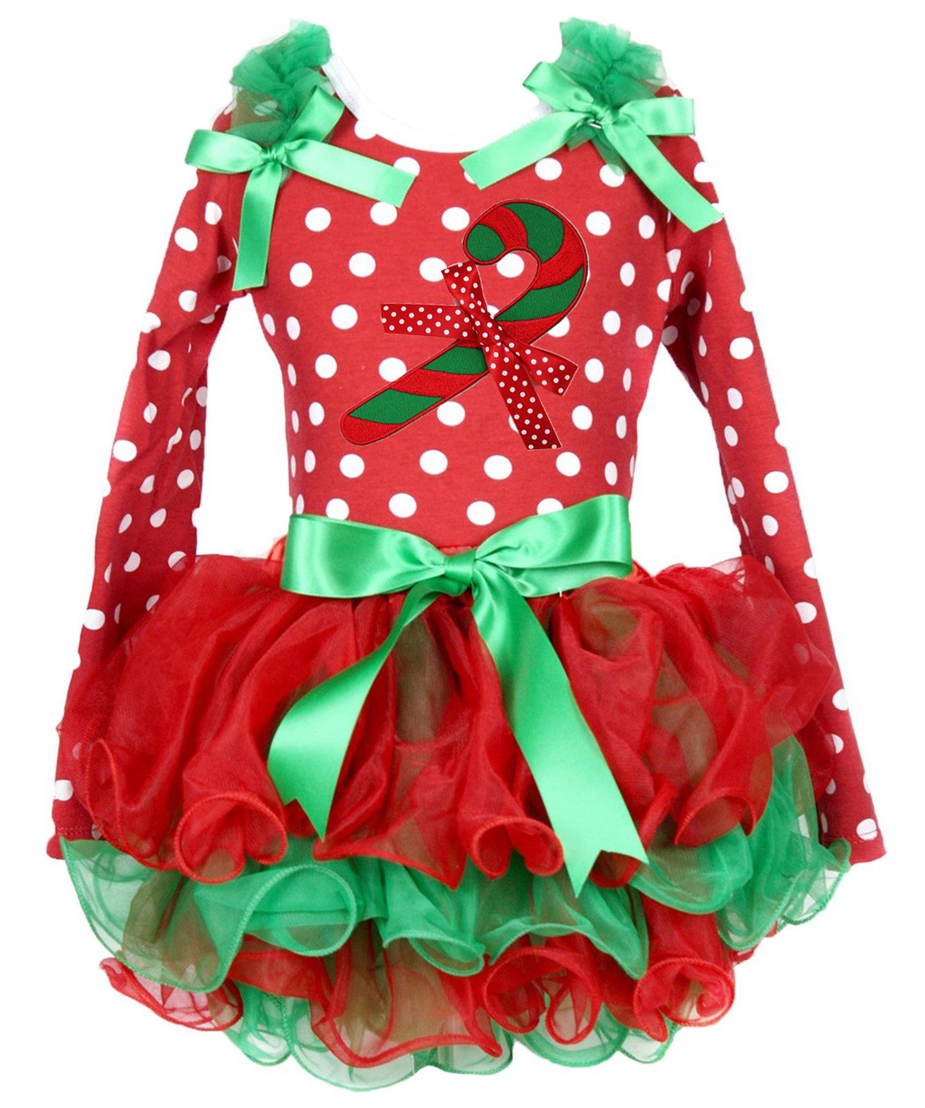 Petitebella Christmas Stick Red Polka Dots Long Sleeve Shirt with Red Green Petal Skirt Set for Girls 1-8 Years | Holiday Party Outfit & Family Photo Wardrobe