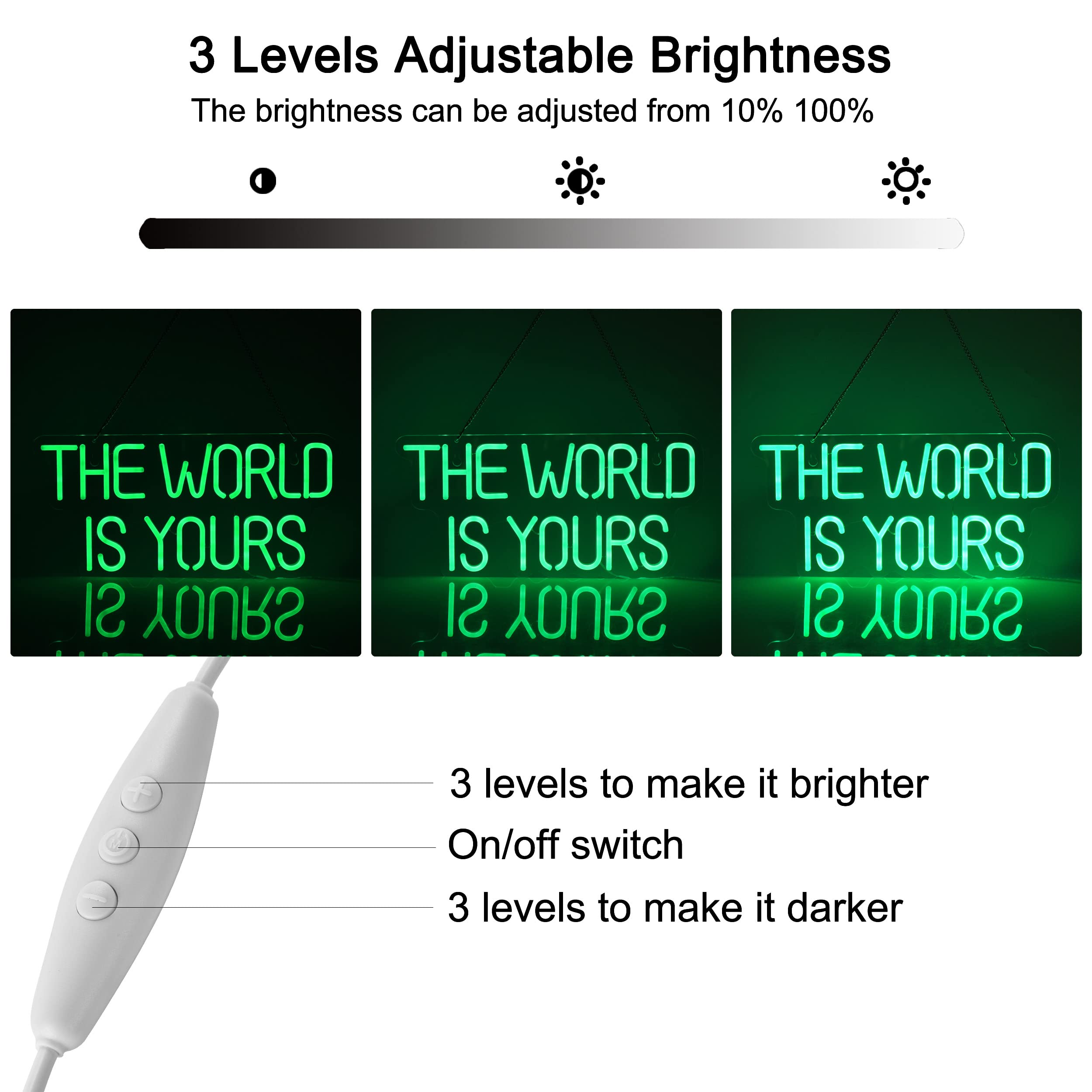 17x8 Inch LED Neon Green 'The World is Yours' Dimmable Wall Sign - Bedroom Decor, Home Accessories & Party Lighting for Living Room, Game Room and Holiday Decorations