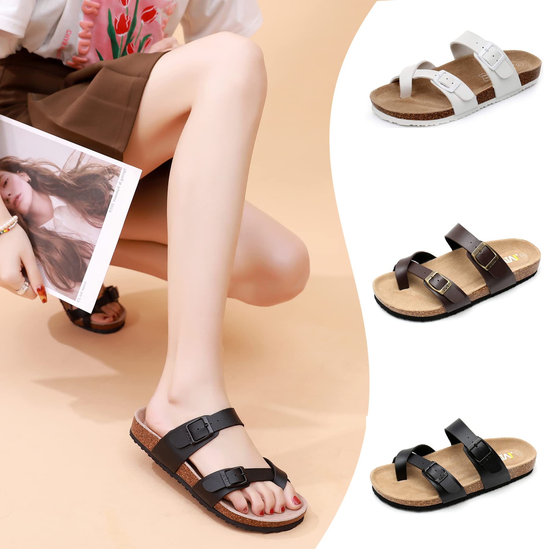 Women's Adjustable Cork Slide Sandals - Comfortable Cow Suede Open Toe Sandals with Buckle Strap | Perfect for Beach, Pool, Summer Vacation & Casual Outings