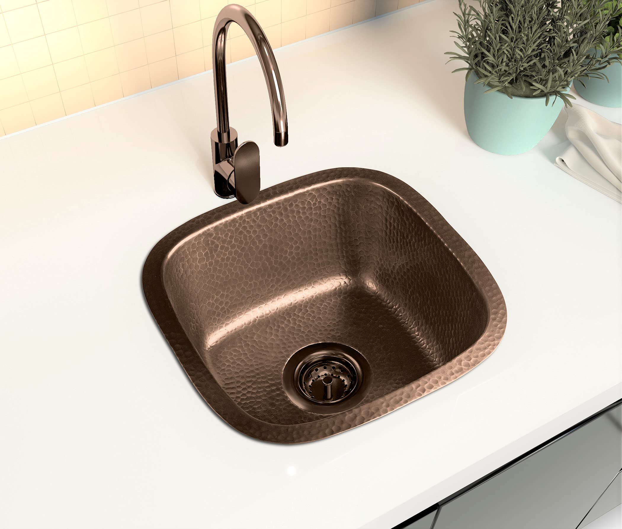 Monarch Abode 17091 Pure Copper Hand Hammered Atlas Dual Mount Bar Prep Sink (15 inches) - Premium Kitchen Sink for Bar, Restaurant & Home Use