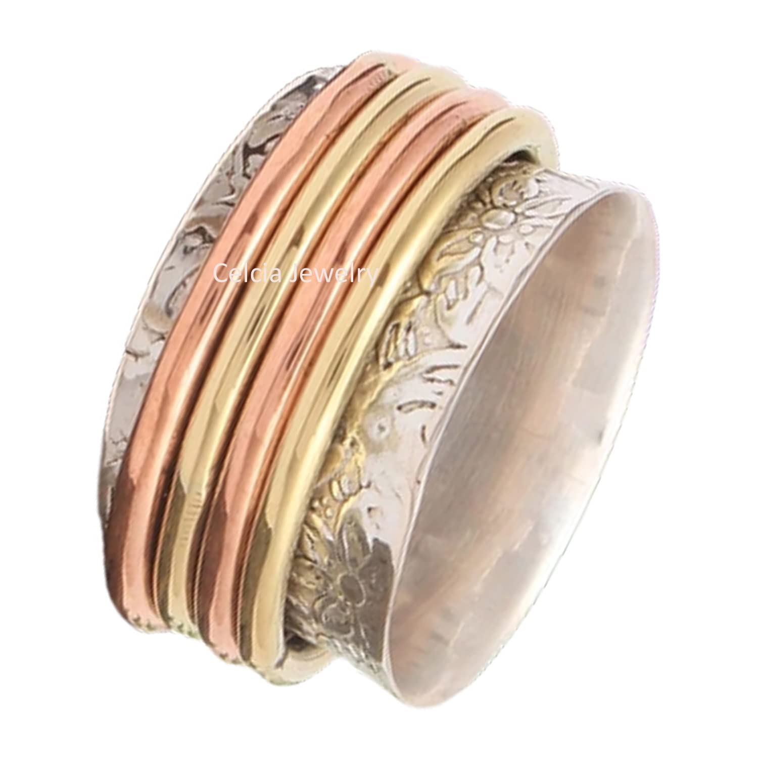 Multi-Tone Spinning Ring for Women - Stress Relief & Meditation Spinner Ring, Vintage Silver Anti-Anxiety Ring, Stackable Boho Jewelry (Size 7) - Perfect for Yoga, Mindfulness & Everyday Wear