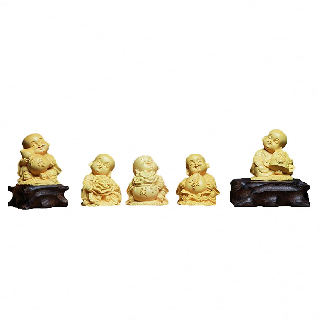 5PCS Natural Boxwood Hand Carved Chinese Fu Kid Statue Sets - Feng Shui Decor for Home, Office & Gift Giving
