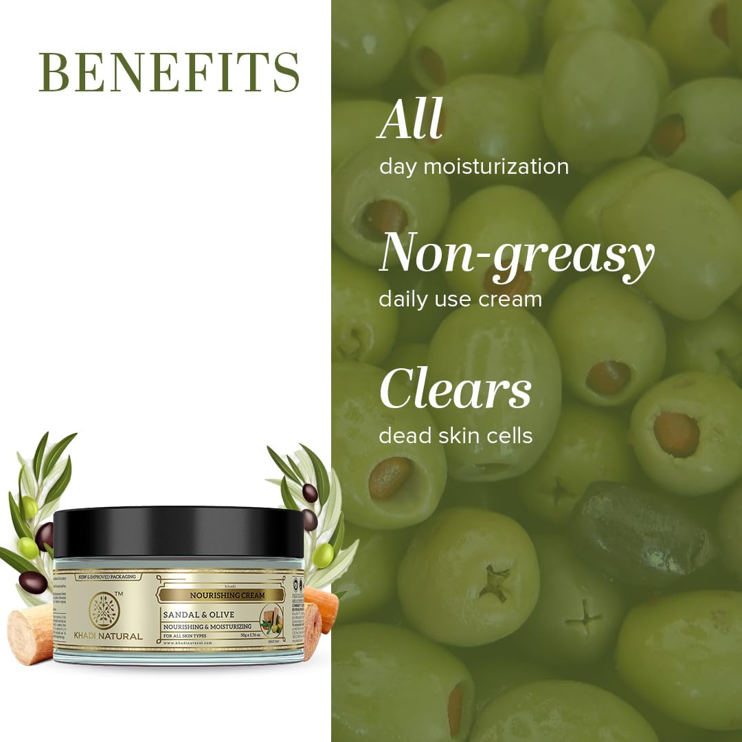 Khadi Natural Ayurvedic Sandal & Olive Face Nourishing Cream with Shea Butter | Deep Hydration & Skin Revitalization for Dry & Sensitive Skin | Herbal Glow Formula | 50g | Perfect for Night Care & Daily Moisturizing