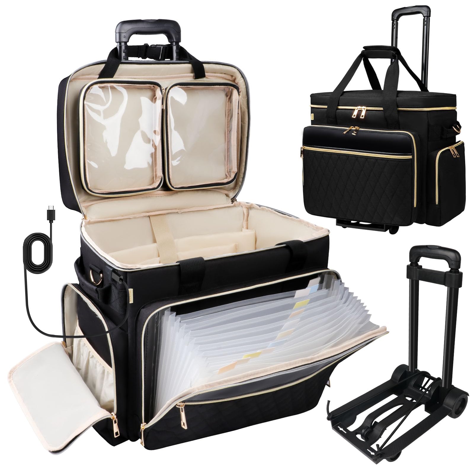 Rolling Teacher Bag with Accordion File Organizer & USB Charging Port - 15.6 Inch Laptop Compartment Wheeled Tote with Detachable Trolley for School Supplies & Office Organization (Black) - Perfect for Teachers, Professors & Educators on the Go