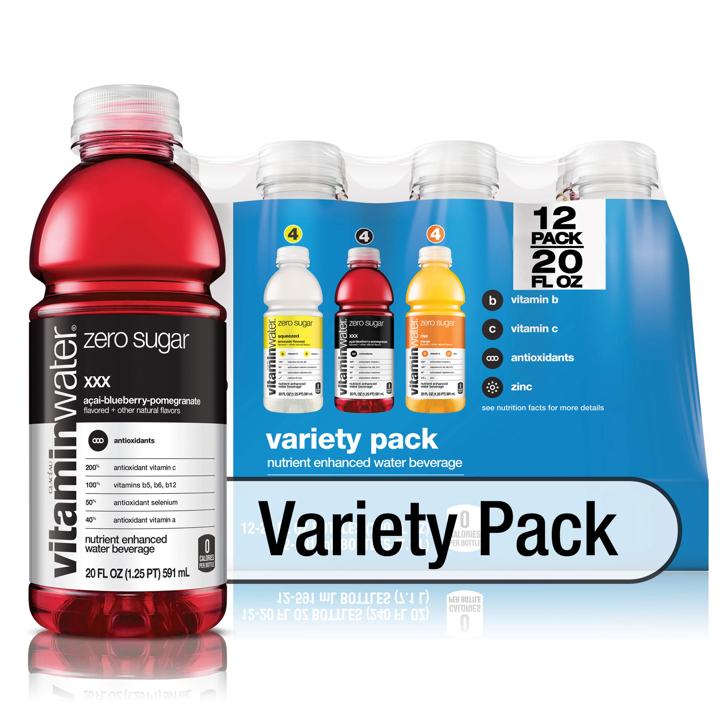 VitaminWater Zero Variety Pack - 12 Bottles (20 fl oz Each) | Sugar-Free Hydration with Essential Vitamins | Perfect for Gym, Workouts & On-The-Go Refreshment