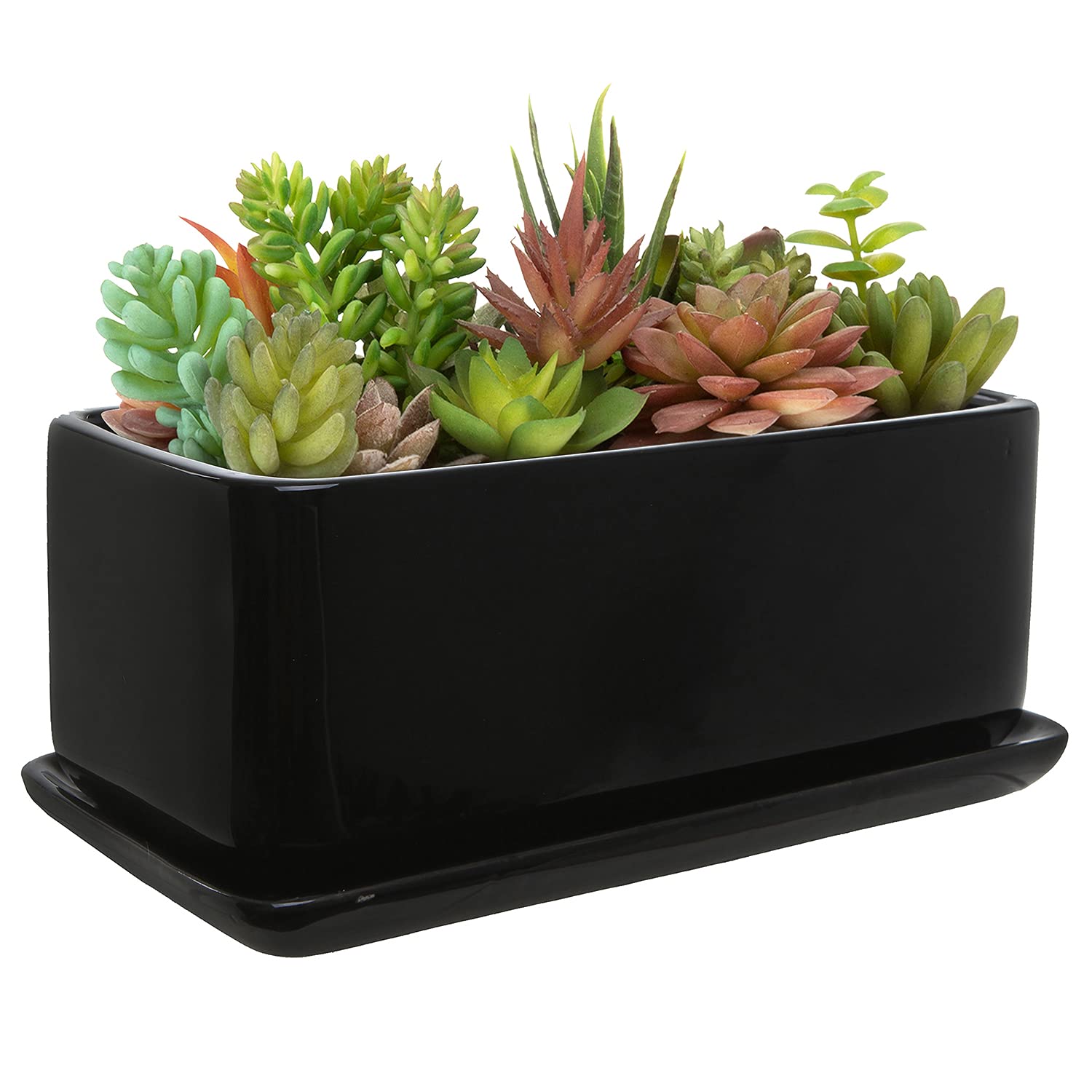 Modern Minimalist 10 Inch Black Ceramic Succulent Planter with Saucer - Rectangular Glazed Window Box with Drainage Holes for Indoor Plants, Home Decor, Office Desk & Garden Decor