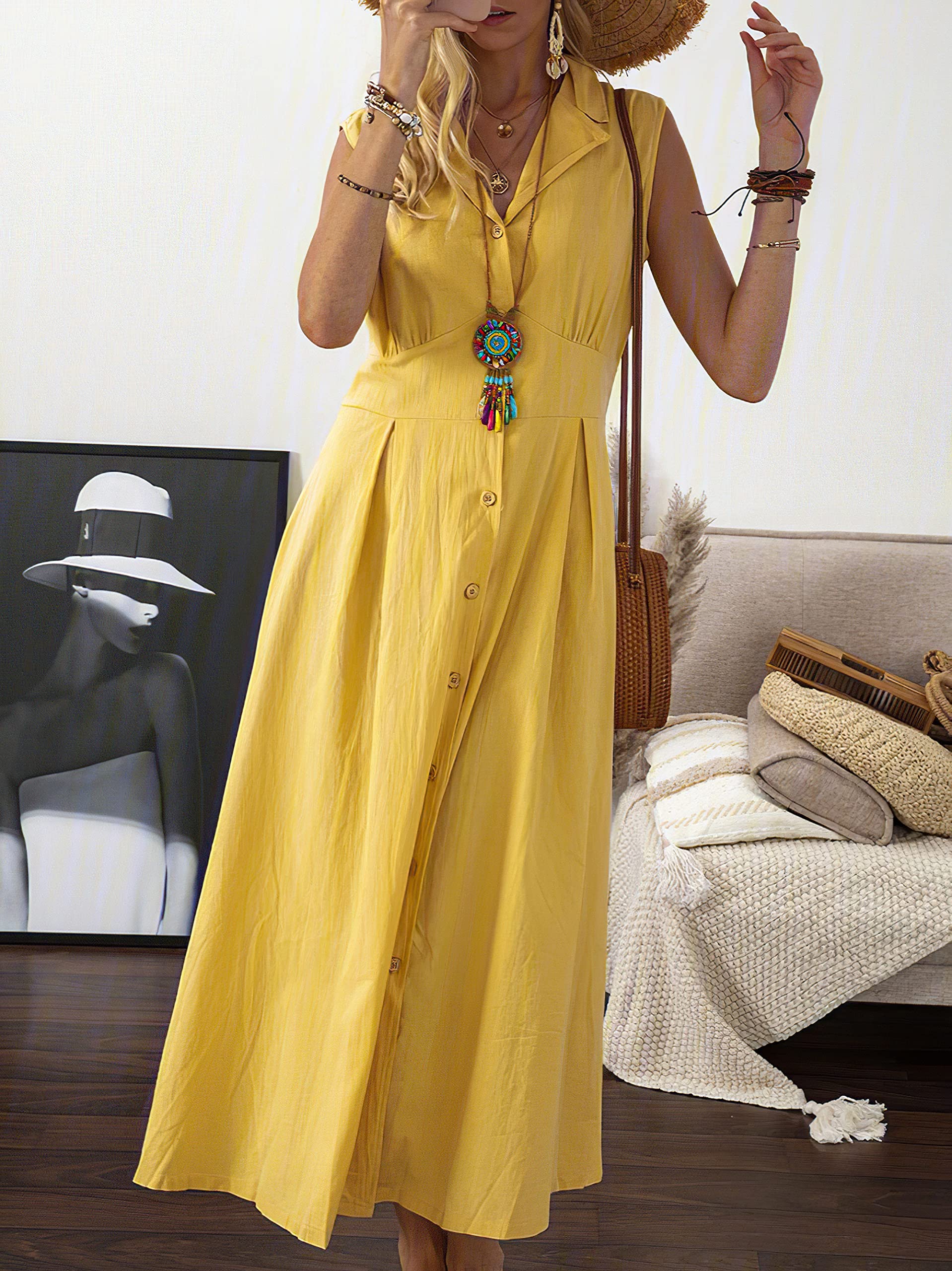 Vintage Women's Button Down Cotton Shirt Dress - V Neck Sleeveless A-Line Midi Dress for Casual Wear, Office, Summer Outfits & Beach Cover Up