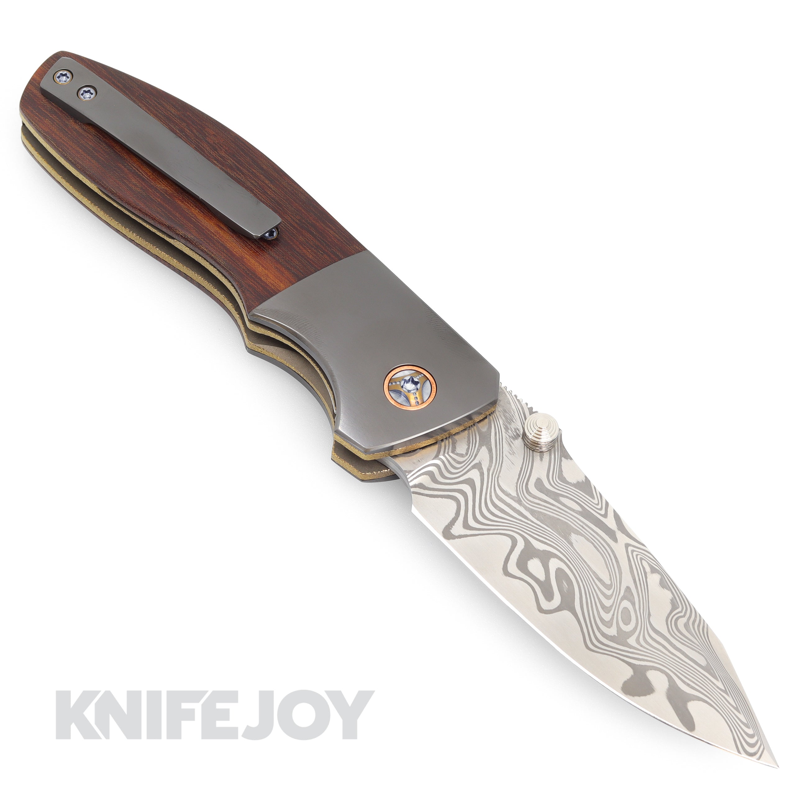 Premium Kirby Lambert Ghost Folder Knife - Damascus Steel Blade, Vintage Linen Micarta Handles with Zirconium Bolster & Copper Collars - EDC, Outdoor Survival, Camping & Collectors Gift