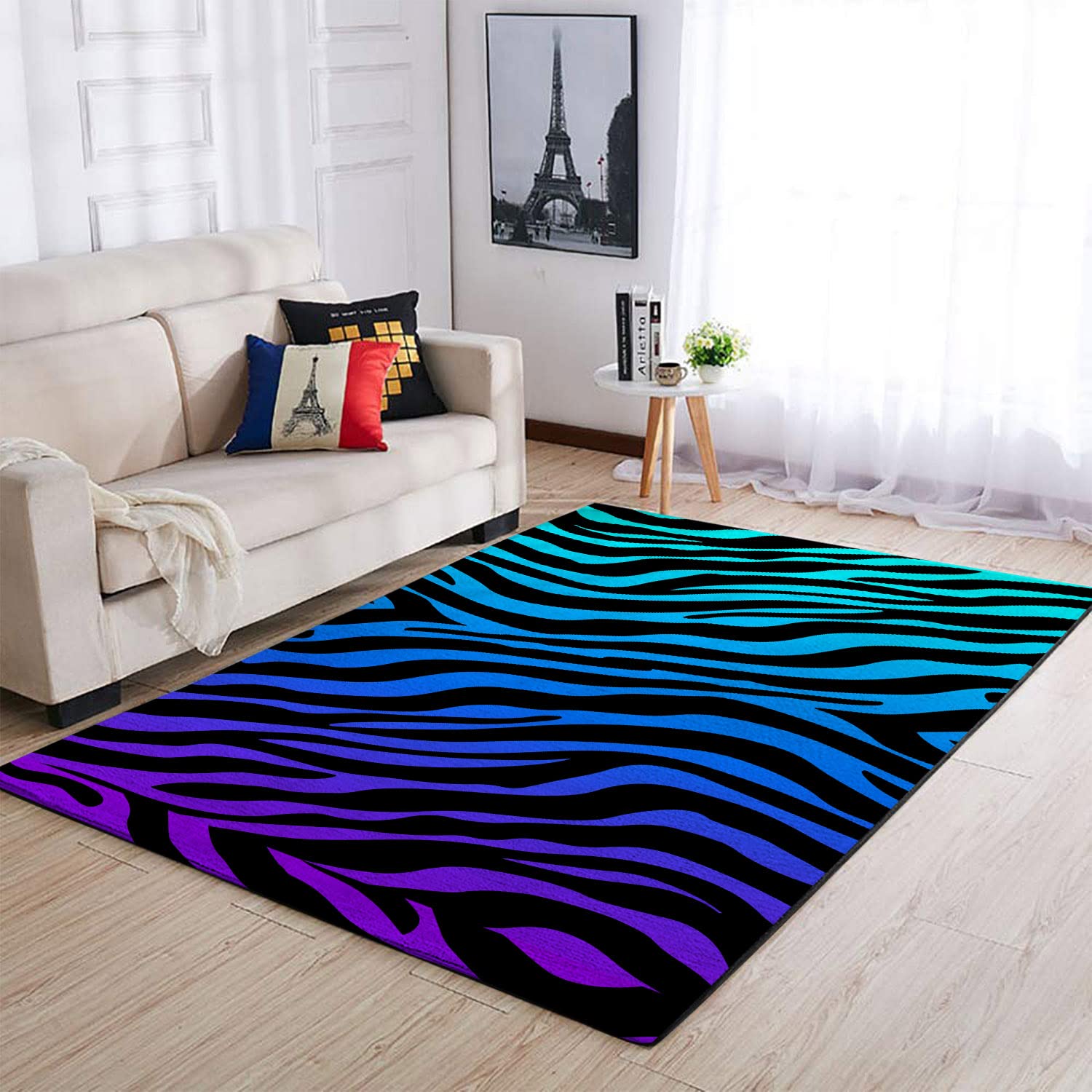 CHIKOR Blue Neon Zebra Print Area Rug 3x5 Feet - Soft Non-Slip Small Carpet for Bedroom, Living Room, Dorm & Kids Room Decor