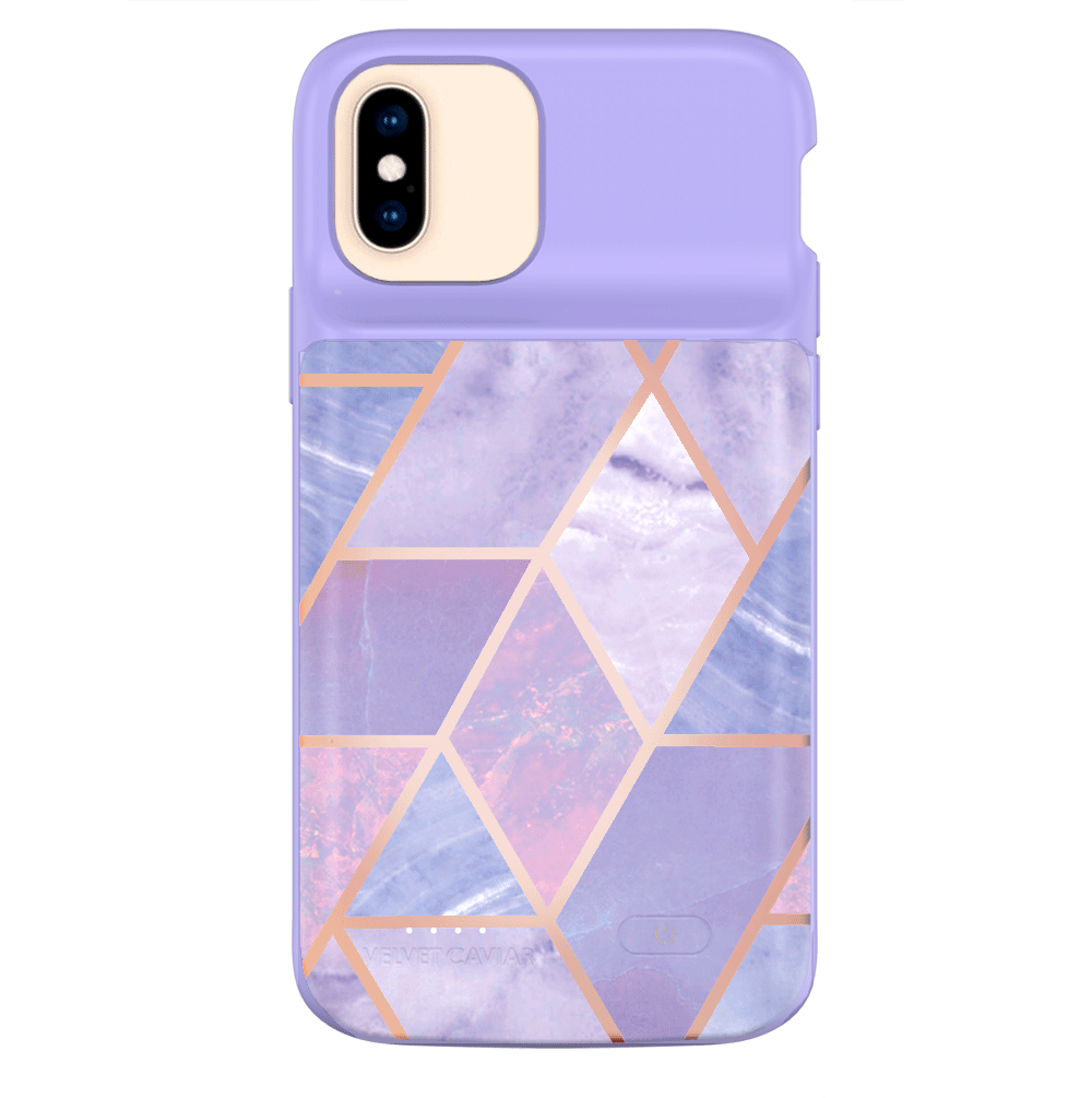 Geometric Pattern Purple iPhone Charging Case - Durable Protective Cover with Built-in Battery for iPhone 12/13/14/15 - Perfect for Travel, Work & Everyday Use