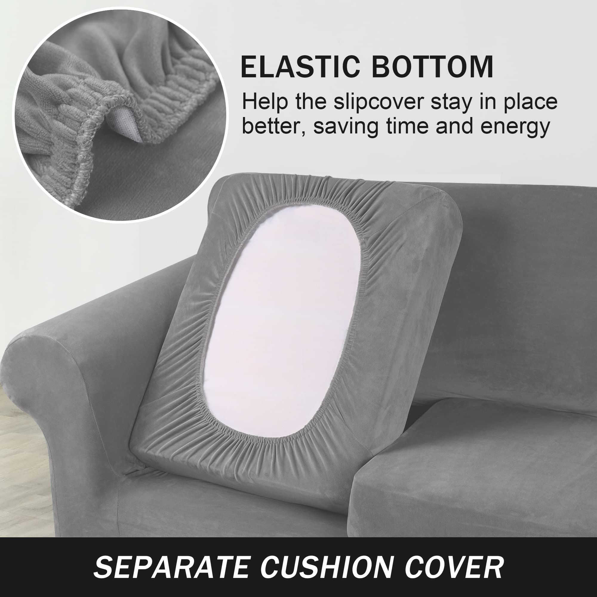 Ultra Soft Velvet Stretch Sofa Slipcover - Pet & Kid Friendly Furniture Protector Couch Cover (Grey, Medium) for Living Room, Family Room & Home Decor