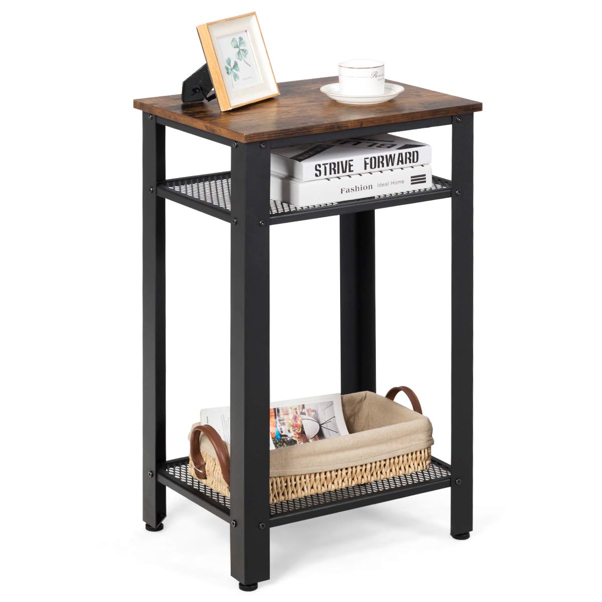Safeplus Modern End Table - 2 Tier & 3 Tier Side Table with Metal Mesh Storage Shelves, Industrial Nightstand for Living Room & Bedroom - Perfect for Small Spaces, Apartment Decor & Coffee Table Alternative
