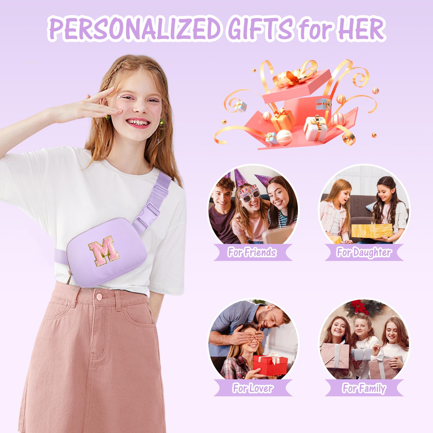 Personalized Initial Fanny Pack Belt Bag for Teen Girls - Trendy Crossbody Bag Gift for 10-16 Year Olds | Birthday Presents, Preppy Accessories & School Essentials (Lavender, Medium) - Perfect for School, Travel & Everyday Use