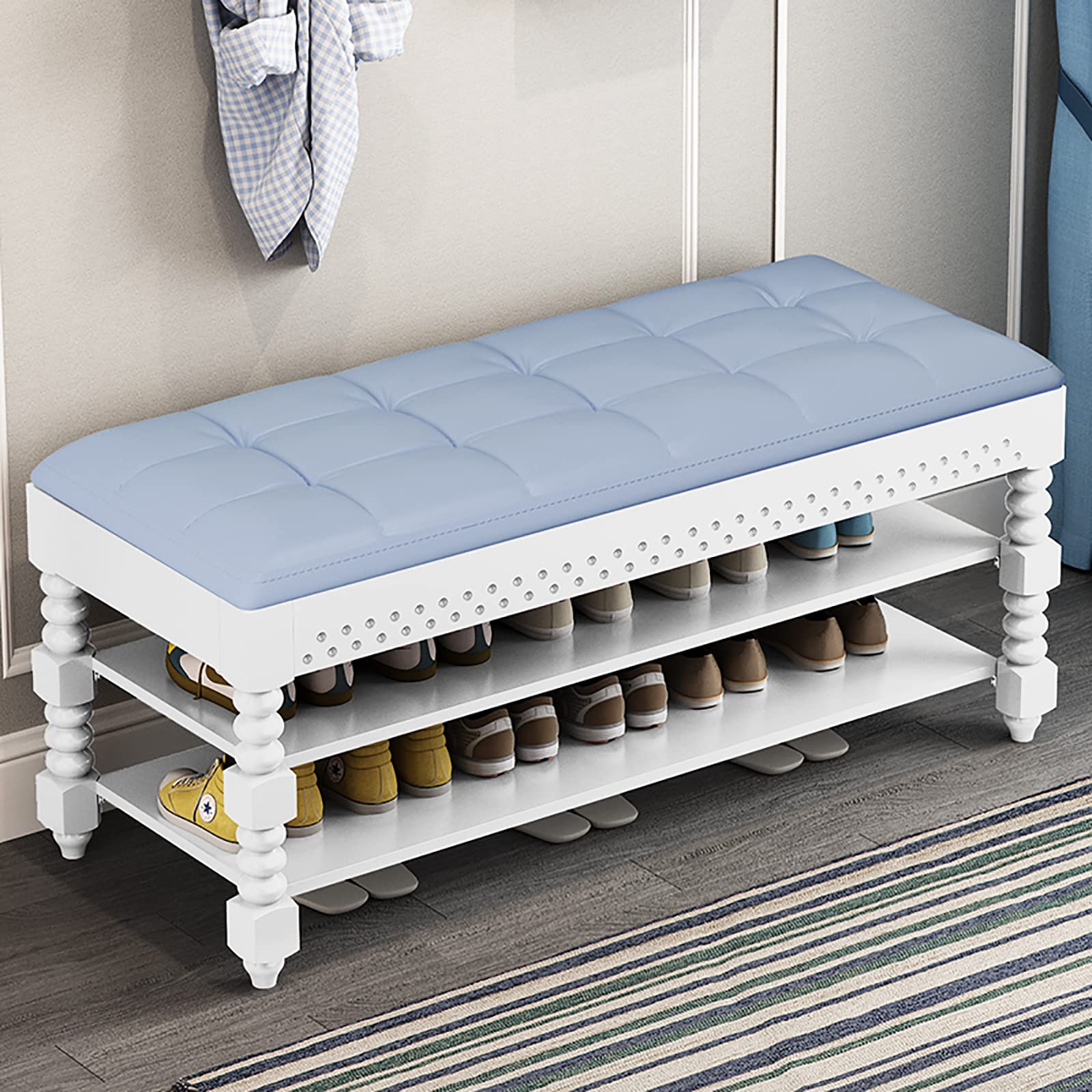 Rustic Entryway Shoe Bench with 2-Tier Storage & Lift Top - Leather Upholstered Shoe Organizer with Acrylic Legs (35x12x19 Inch) - Perfect for Small Spaces, Hallway, Mudroom & Entryway Organization