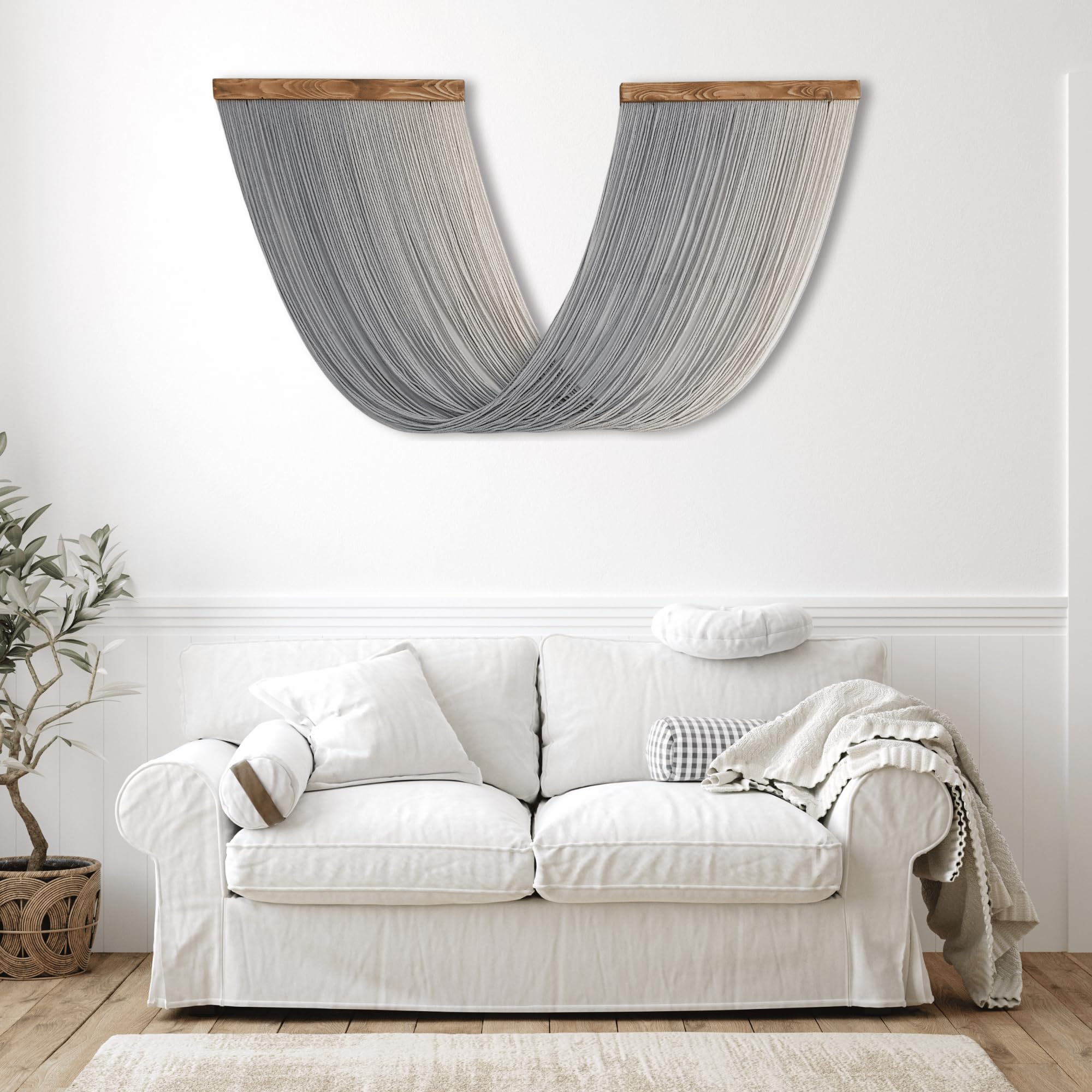 Boho Macrame Wall Hanging - Gray Ombre Yarn Wall Art 57x31.4 Inches - Handmade Knots & Beyond Decor for Living Room, Bedroom, or Nursery