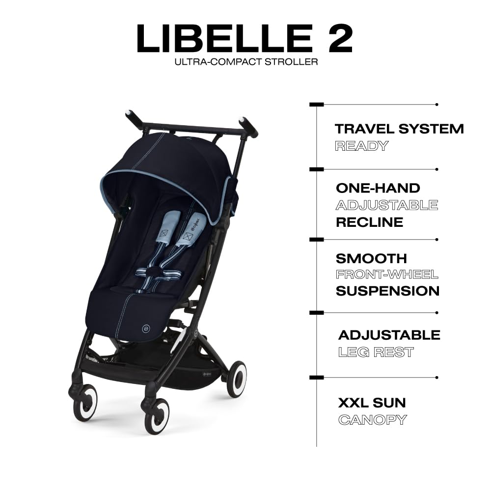 Cybex Libelle Lightweight Compact Travel Baby Stroller - FAA Approved Carry-On Foldable Stroller with One-Hand Recline | Compatible with CYBEX Car Seats | Ocean Blue | Perfect for Air Travel, City Walks & Daily Errands