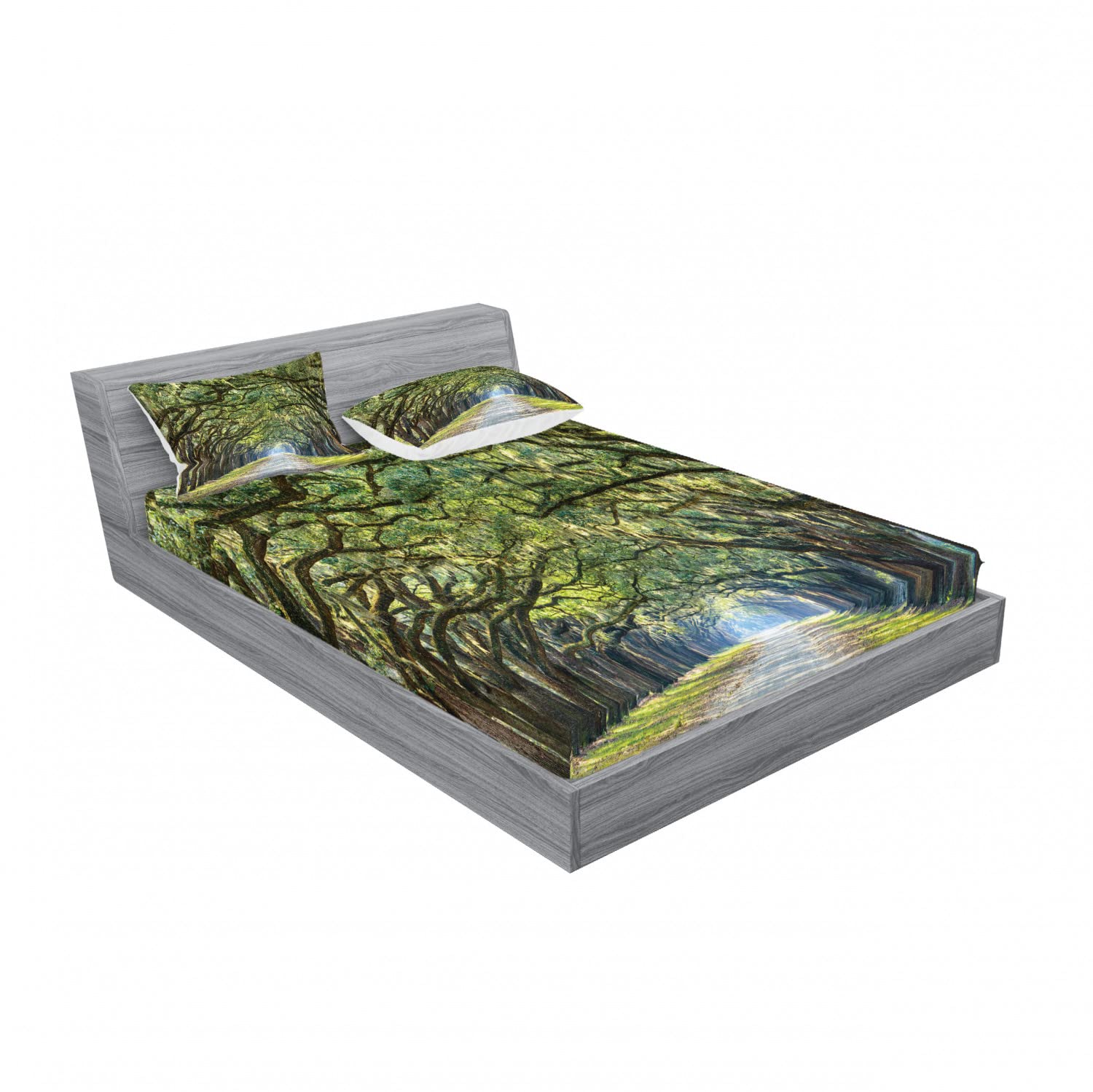 Ambesonne Forest 2-Pack Fitted Sheet & Pillow Sham Set - Serene Pathway Trekking Design, 4-Piece Bedding Decor (2 Twin XL Fitted Sheets & 4 Pillow Covers) in Green & Brown - Perfect for Camping Cabins, Rustic Bedrooms & Nature-Themed Decor